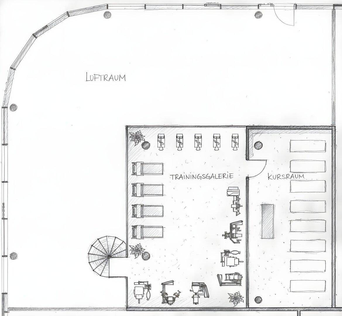 Handgezeichneter Grundriss einer Trainingsgalerie mit Kursraum und offenem Luftraum.
