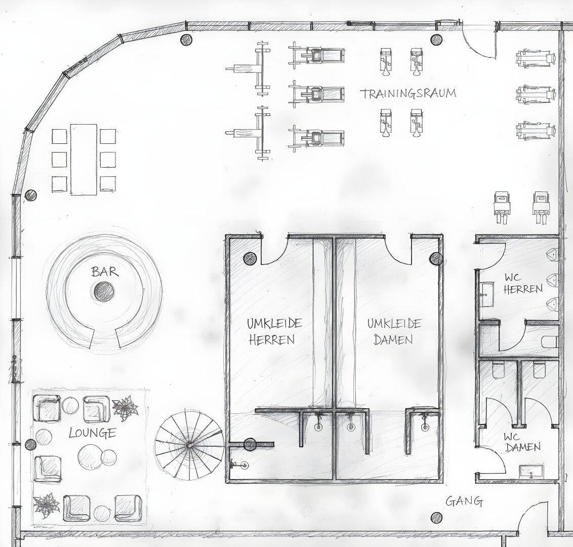 Handgezeichneter Grundriss mit Trainingsraum, Bar, Lounge, Umkleiden und Toilettenbereichen.
