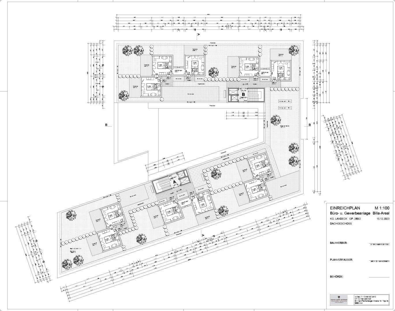 Detaillierter Eingabeplan des Dachgeschosses mit Wohneinheiten, Terrassen und Grünflächen.
