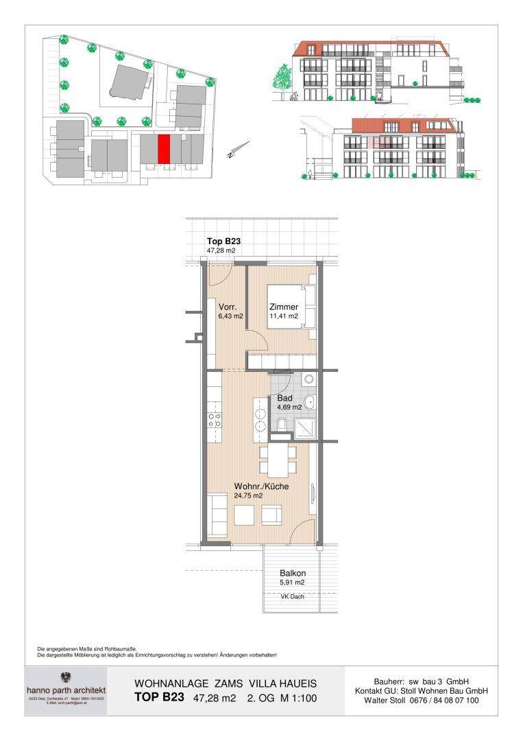 Grundriss einer Wohnung mit offenem Wohnbereich, Balkon, sowie Lageplan und Ansichten des Gebäudes.