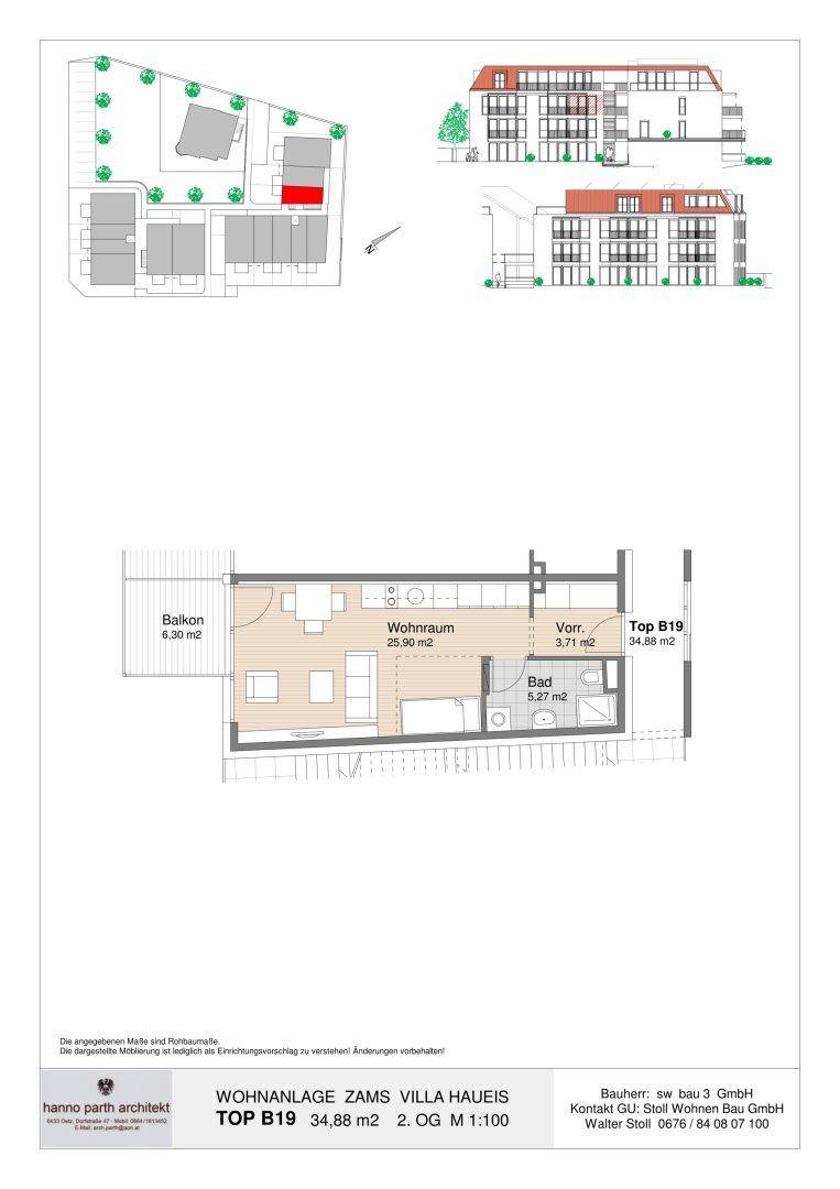 Grundriss einer Wohnung mit offenem Wohnraum, Balkon und separatem Bad.