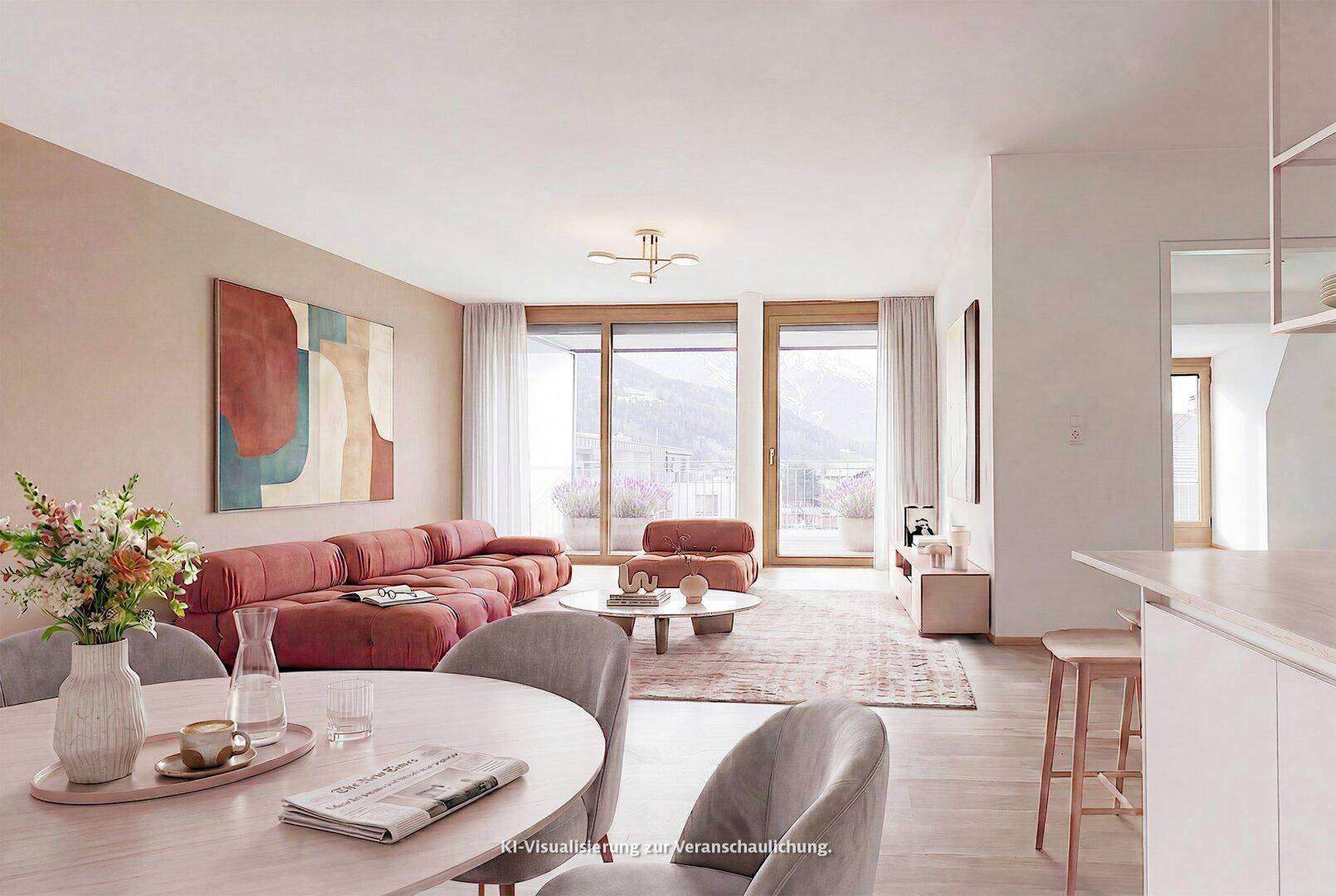 Wohn- und Essbereich mit Balkon und Bergblick