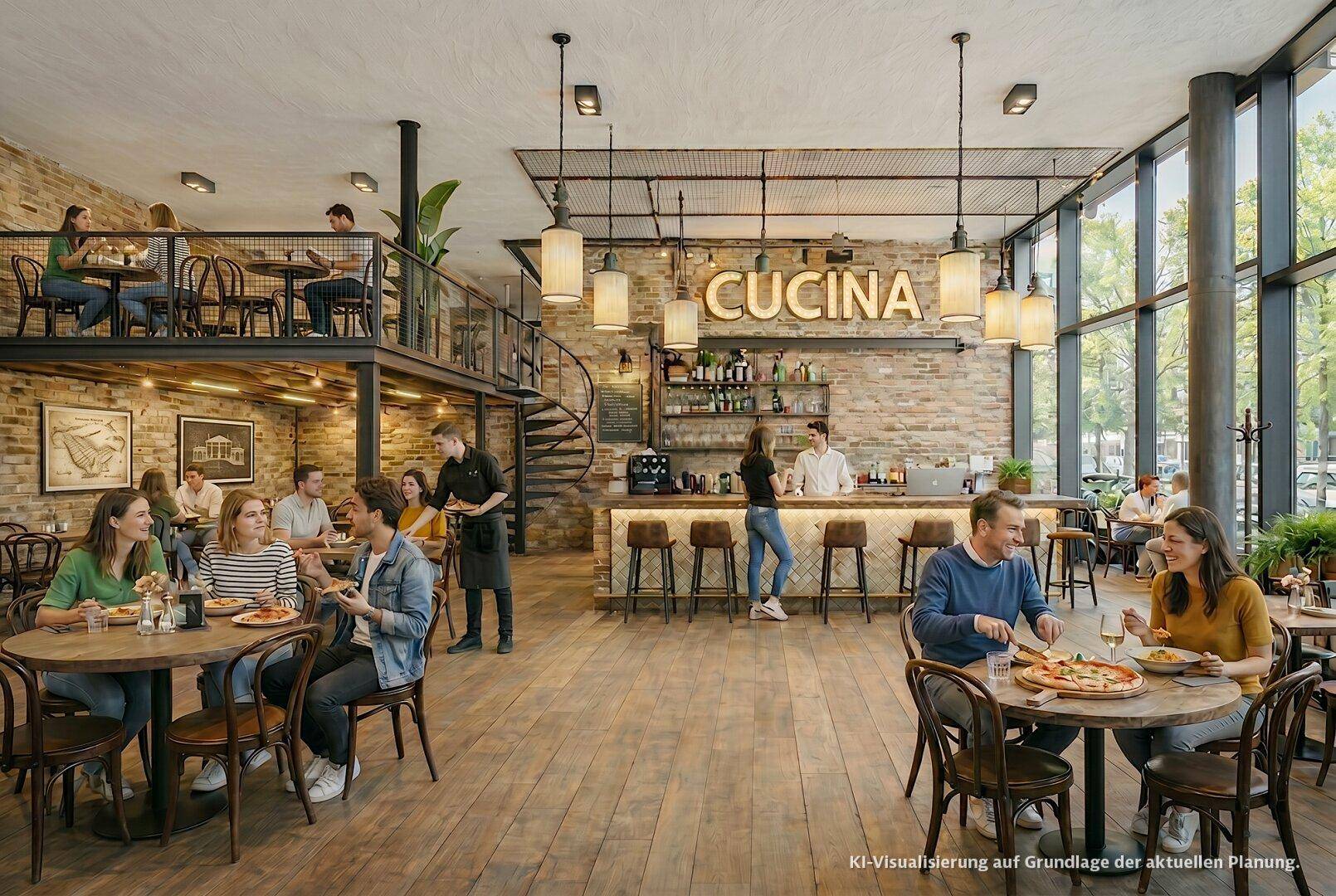 Restaurantfläche mit Galerie und großer Fensterfront im atrium3