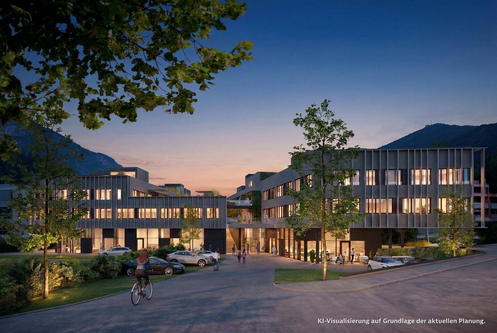 atrium3 Landeck bei Nacht – attraktiver Gesundheitsstandort mit Büro- und Praxisflächen