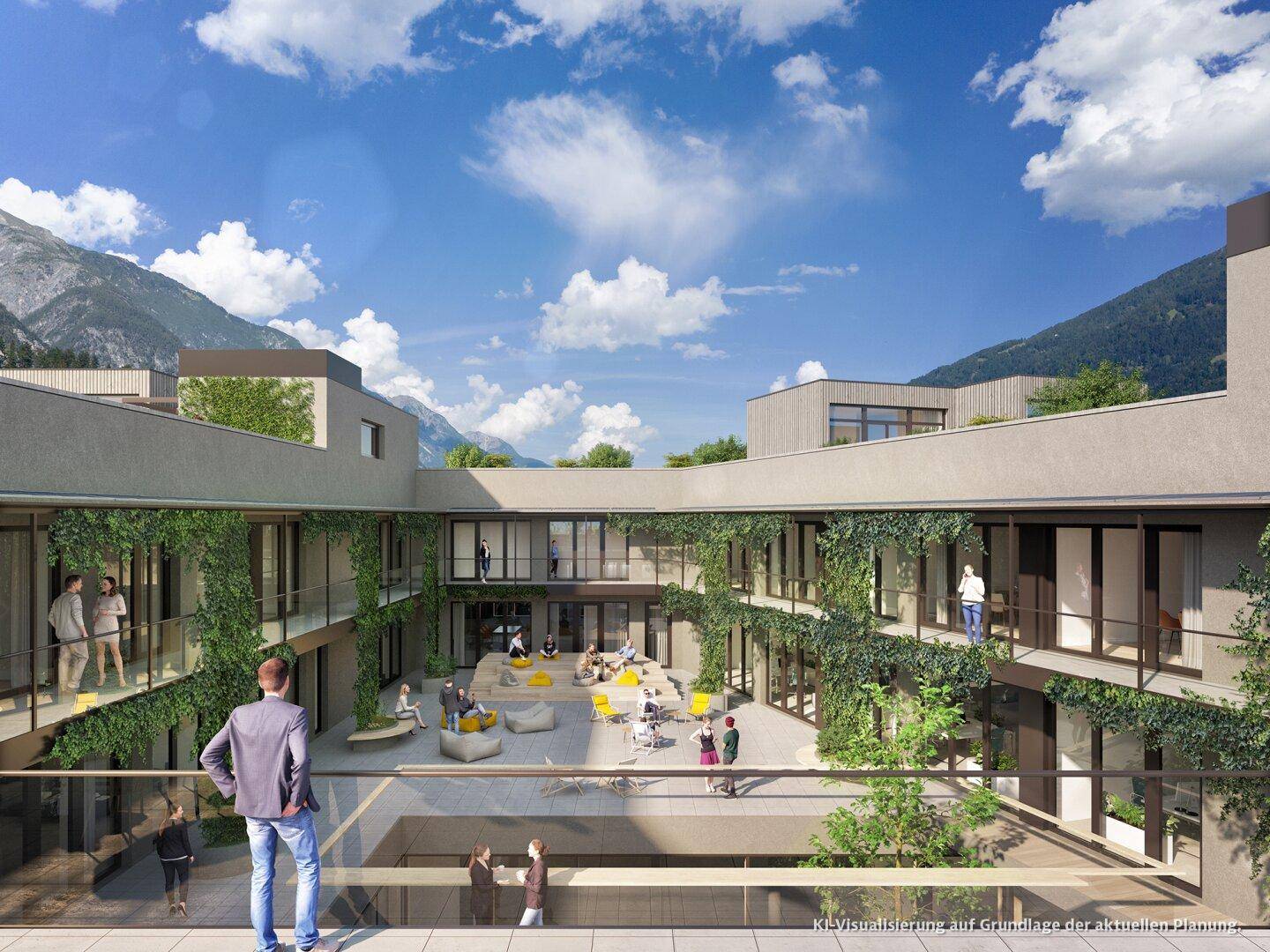 Innenhof im atrium3 Landeck – Begegnungsraum für Gesundheit, Therapie und Dienstleistung