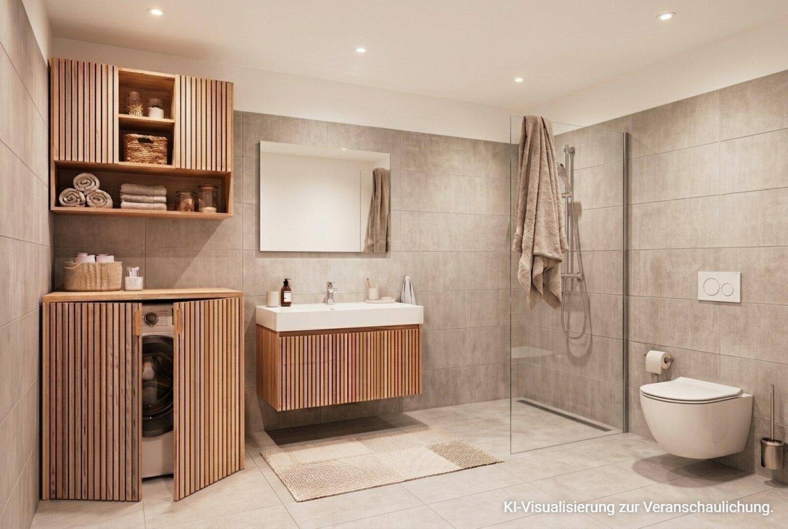 Modernes Badezimmer mit begehbarer Dusche, Holzmöbeln und integriertem Waschmaschinenbereich.
