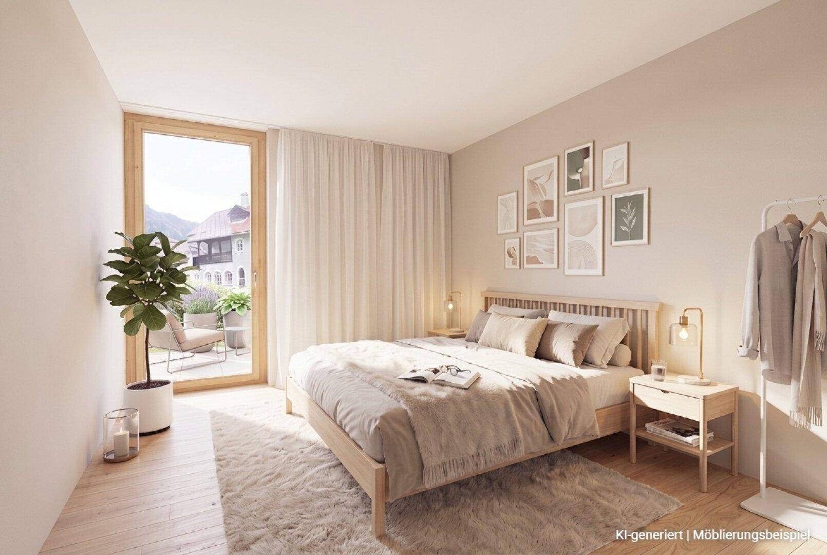 Gemütliches Schlafzimmer mit Holzbett, weichem Teppich und direktem Zugang zu einem Balkon.