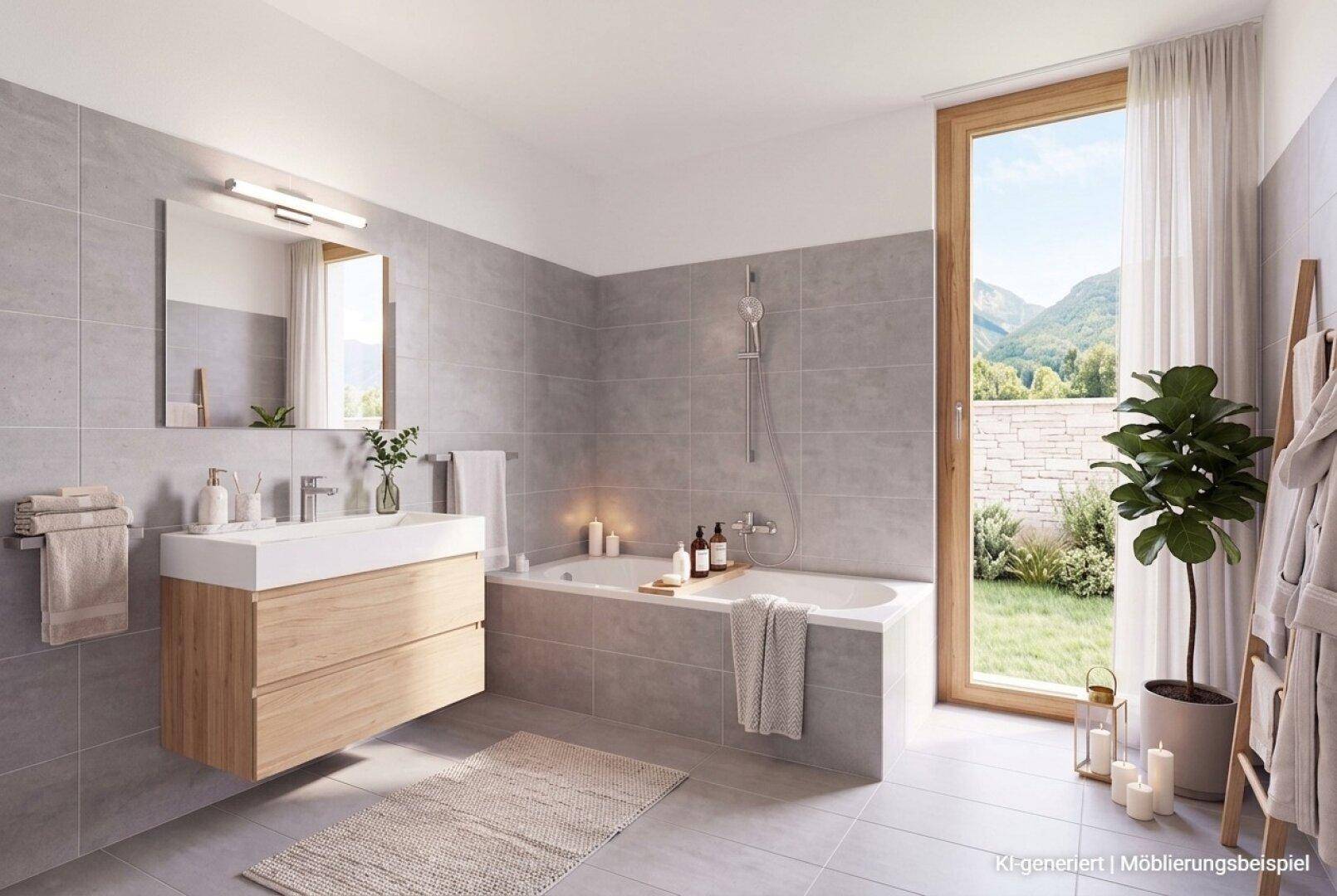 Modernes Badezimmer mit Badewanne, Holzwaschtisch und großem Fenster mit Blick ins Grüne.
