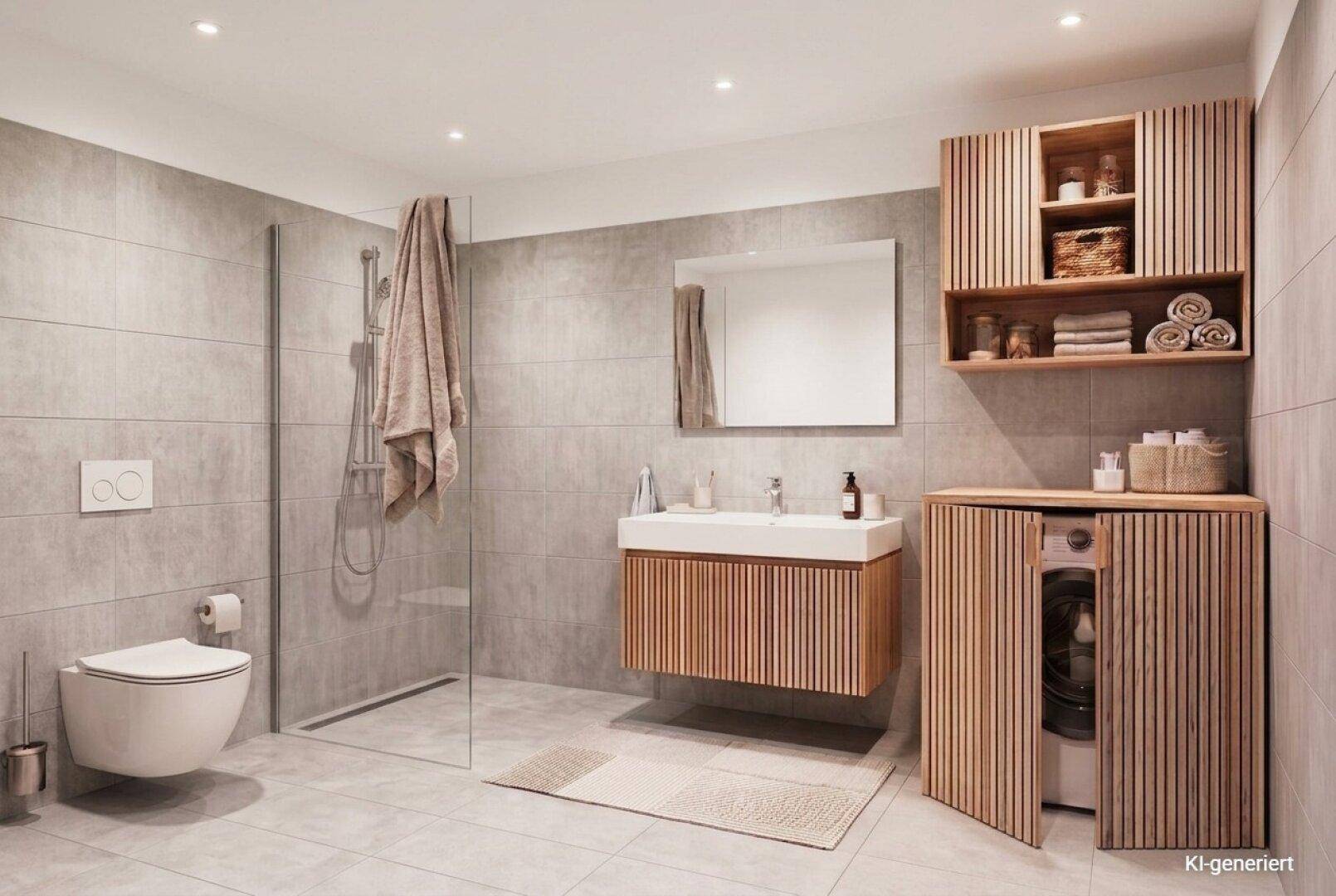 Modernes Badezimmer mit begehbarer Dusche, schwebendem Waschtisch und integrierter Waschmaschine.