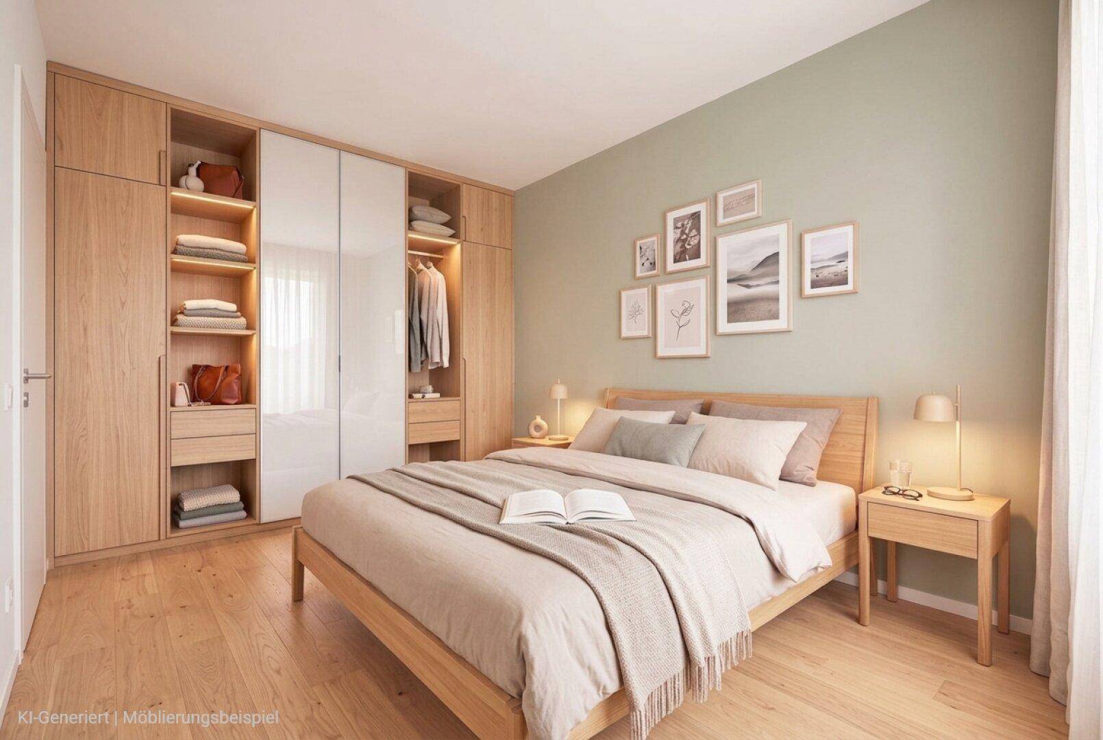 Helles Schlafzimmer mit Holzbett, Einbauschränken und dezenter Wandfarbe.