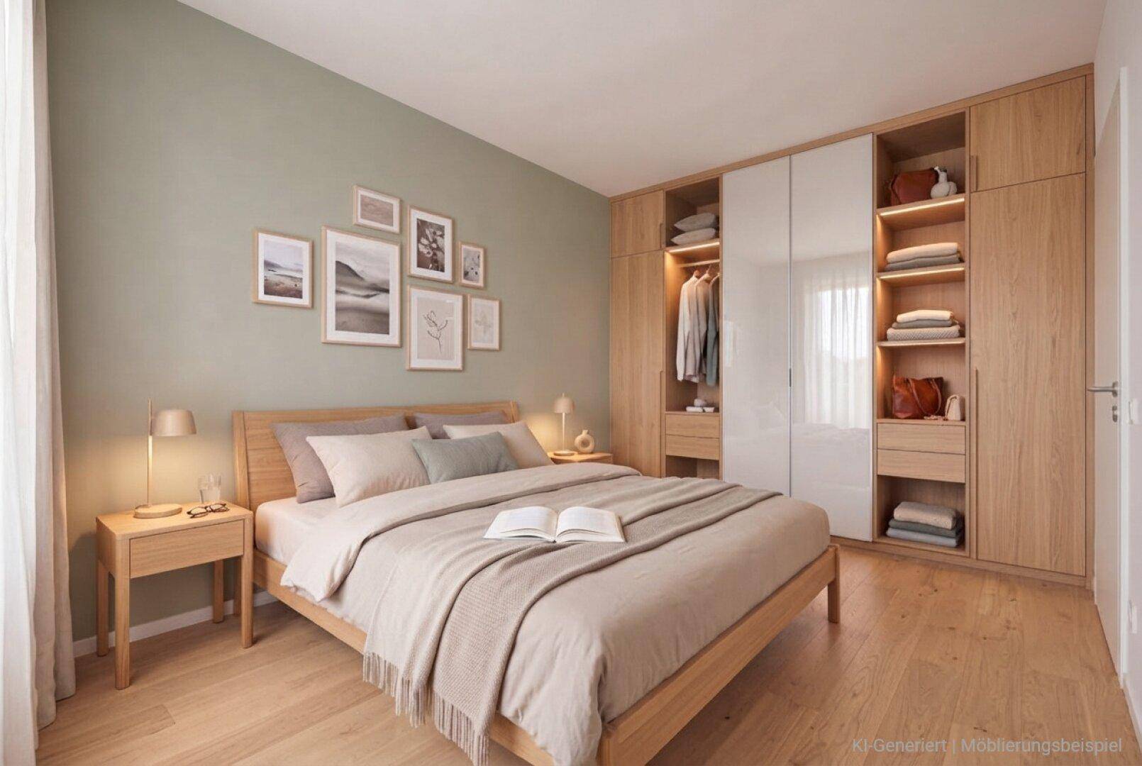 Schlafzimmer mit hellem Holzbett, integriertem Kleiderschrank und grüner Akzentwand.