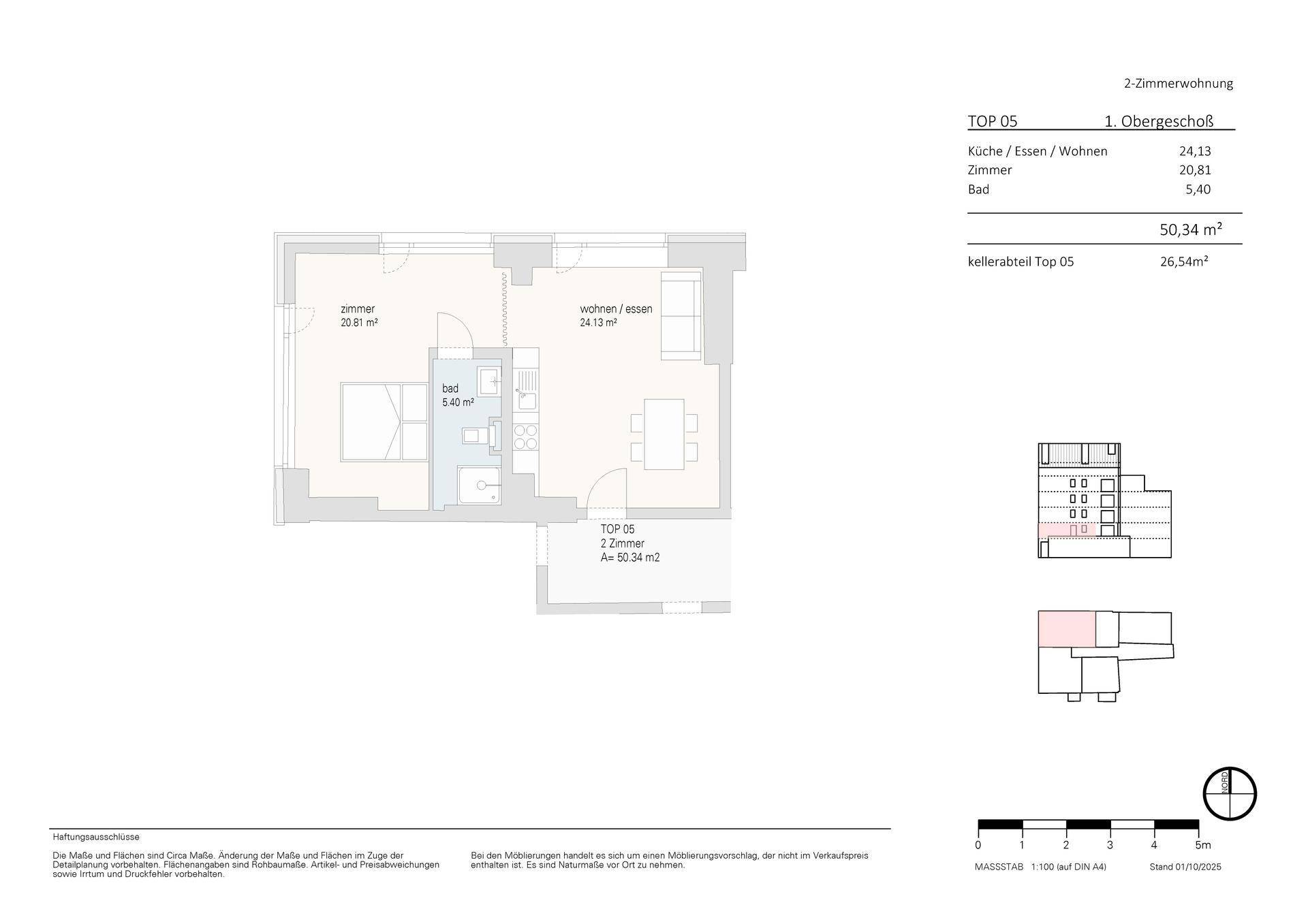Grundriss einer 2-Zimmer-Wohnung im Obergeschoss mit offenem Wohnbereich und Balkon.