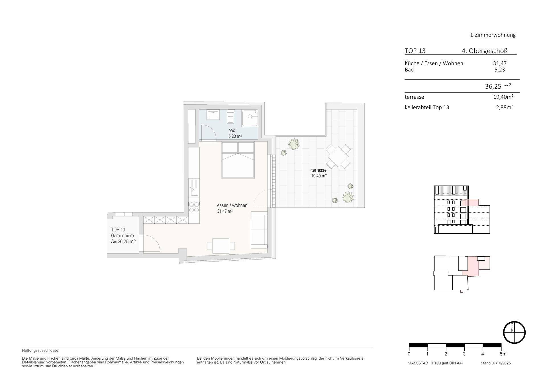 Moderner Grundriss einer 1-Zimmer-Wohnung mit offenem Wohnbereich, Bad und großer Terrasse.