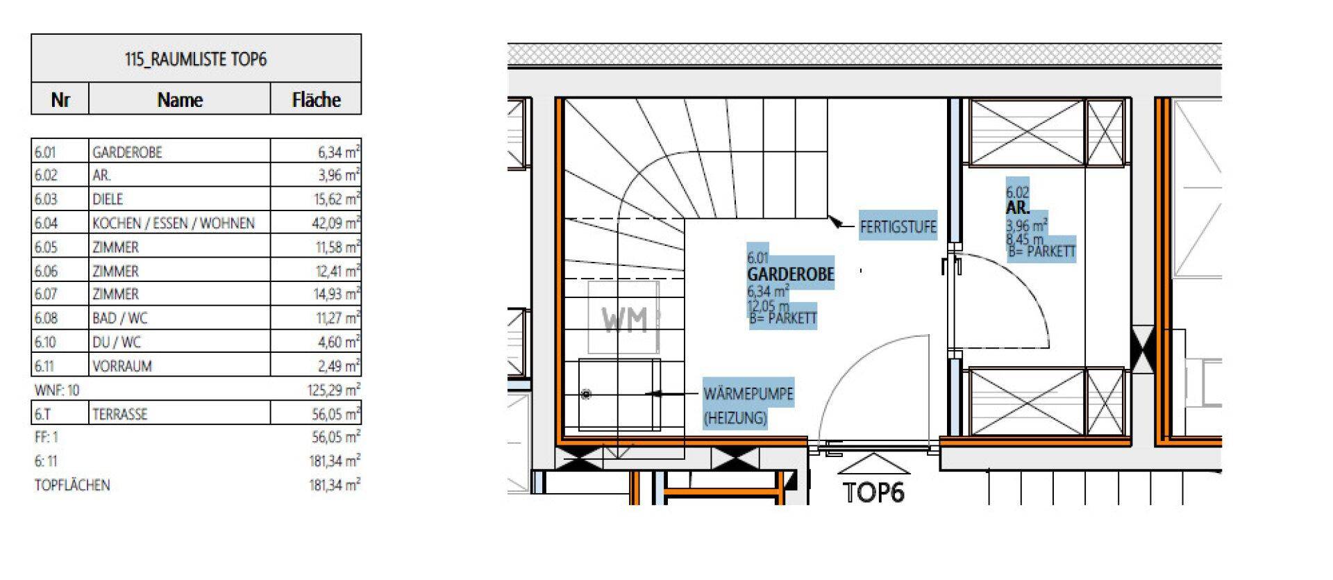 Grundrissplan mit offenem Wohn-Essbereich, mehreren Zimmern, zwei Bädern und großer Terrasse.