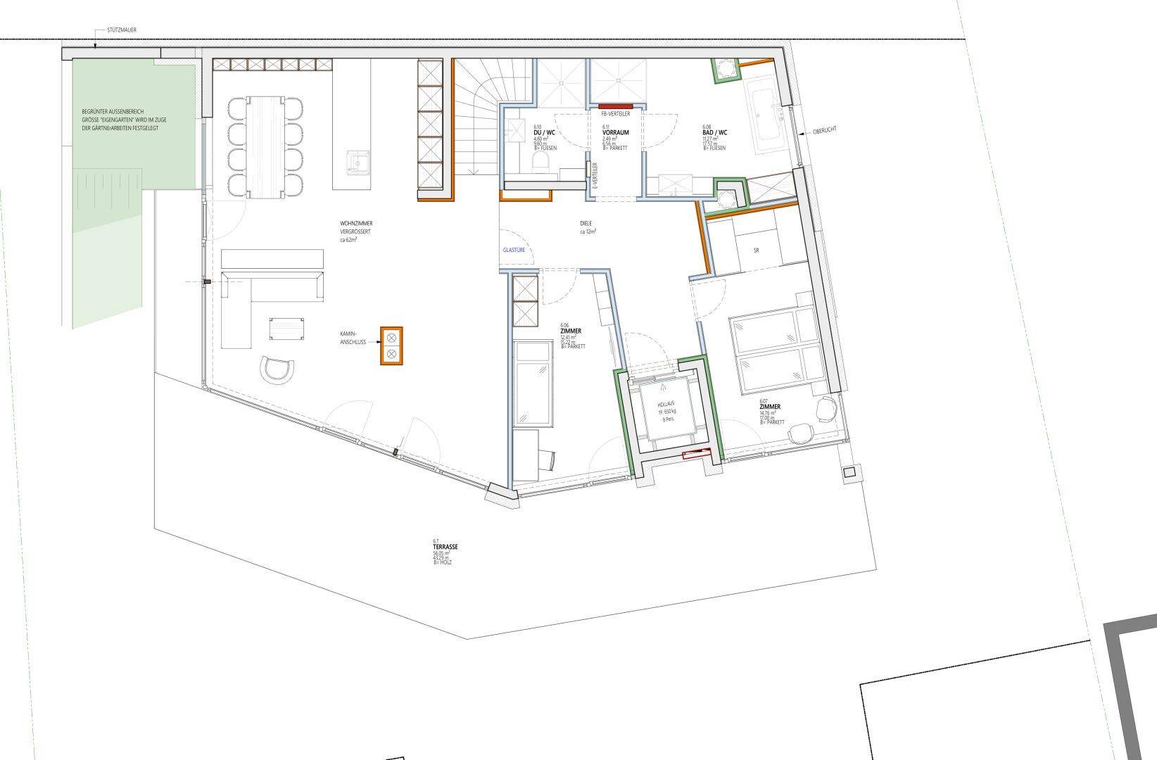 Grundrissplan mit offenem Wohn-Essbereich, Küche, Schlafzimmern, Bädern und Terrasse.