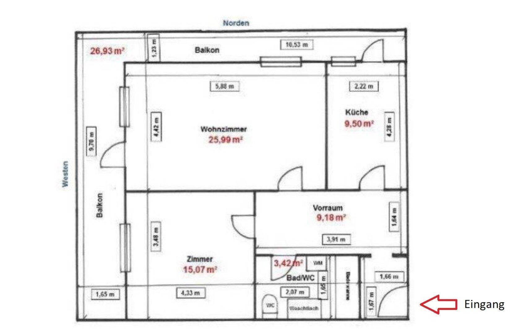 Grundriss der Wohnung mit Zimmeraufteilung, Balkonen und Flächenangaben.