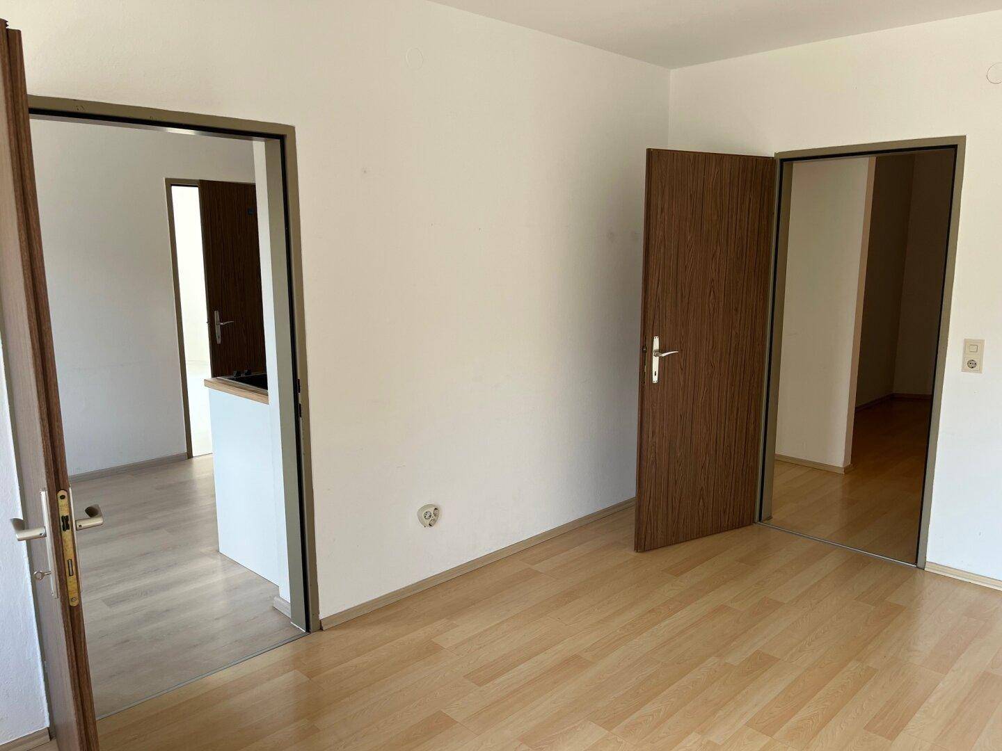 Heller Raum mit Laminatboden und mehreren Türen, der verschiedene Bereiche der Wohnung verbindet.