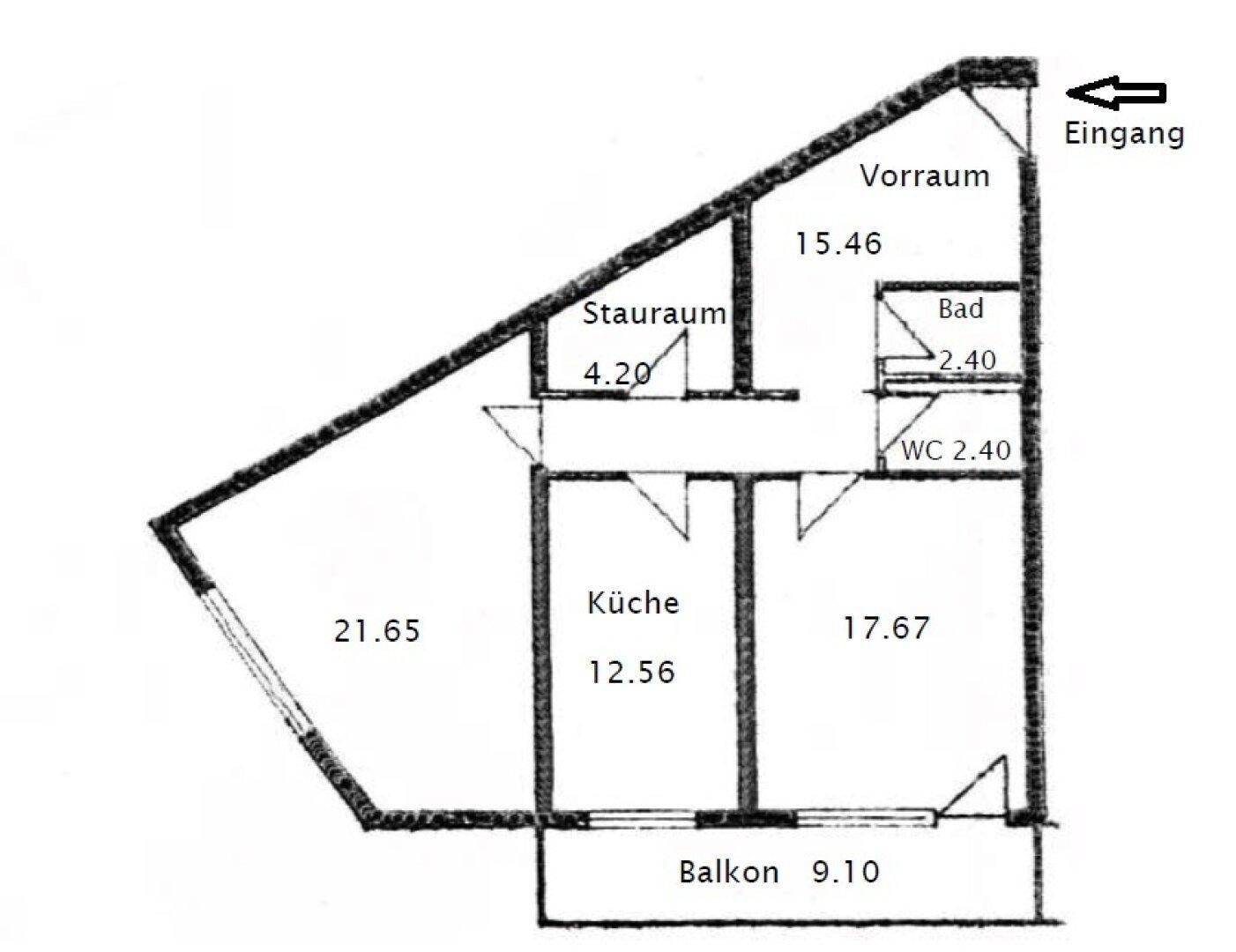 Grundriss der Wohnung mit Vorraum, Bad, WC, Küche, Stauräumen und Balkon.