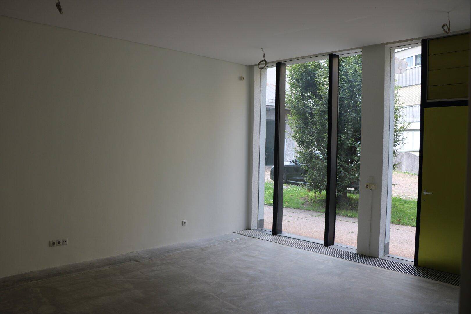 Heller, leerer Raum mit großen Fenstern und Blick ins Grüne, bereit für den Ausbau.