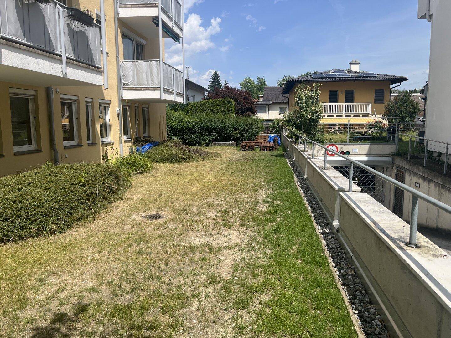 Gartenbereich mit Rasenfläche und Zugang zu einer Tiefgarage, umgeben von Hecken.