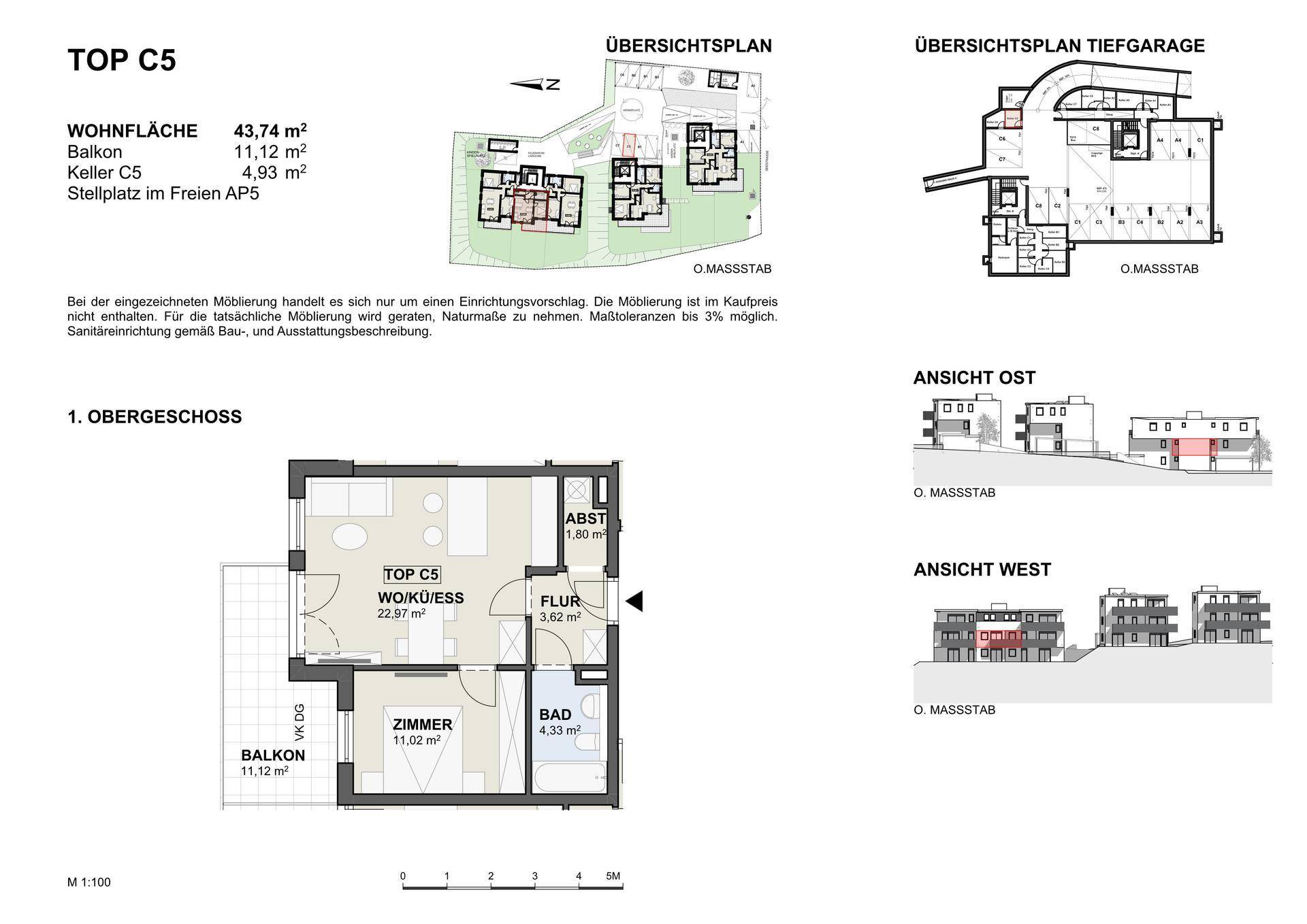 Grundriss der Wohnung TOP C5 mit offenem Wohnbereich, Balkon, Tiefgaragenübersicht und Gebäudeansichten.