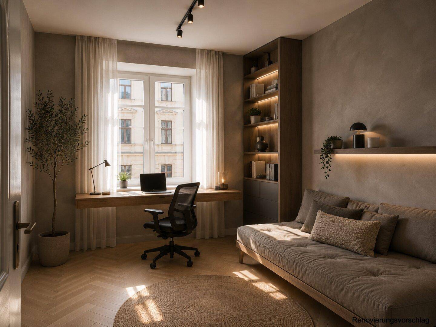Modernes Arbeitszimmer mit Schreibtisch, integriertem Regal und bequemer Schlafcouch.