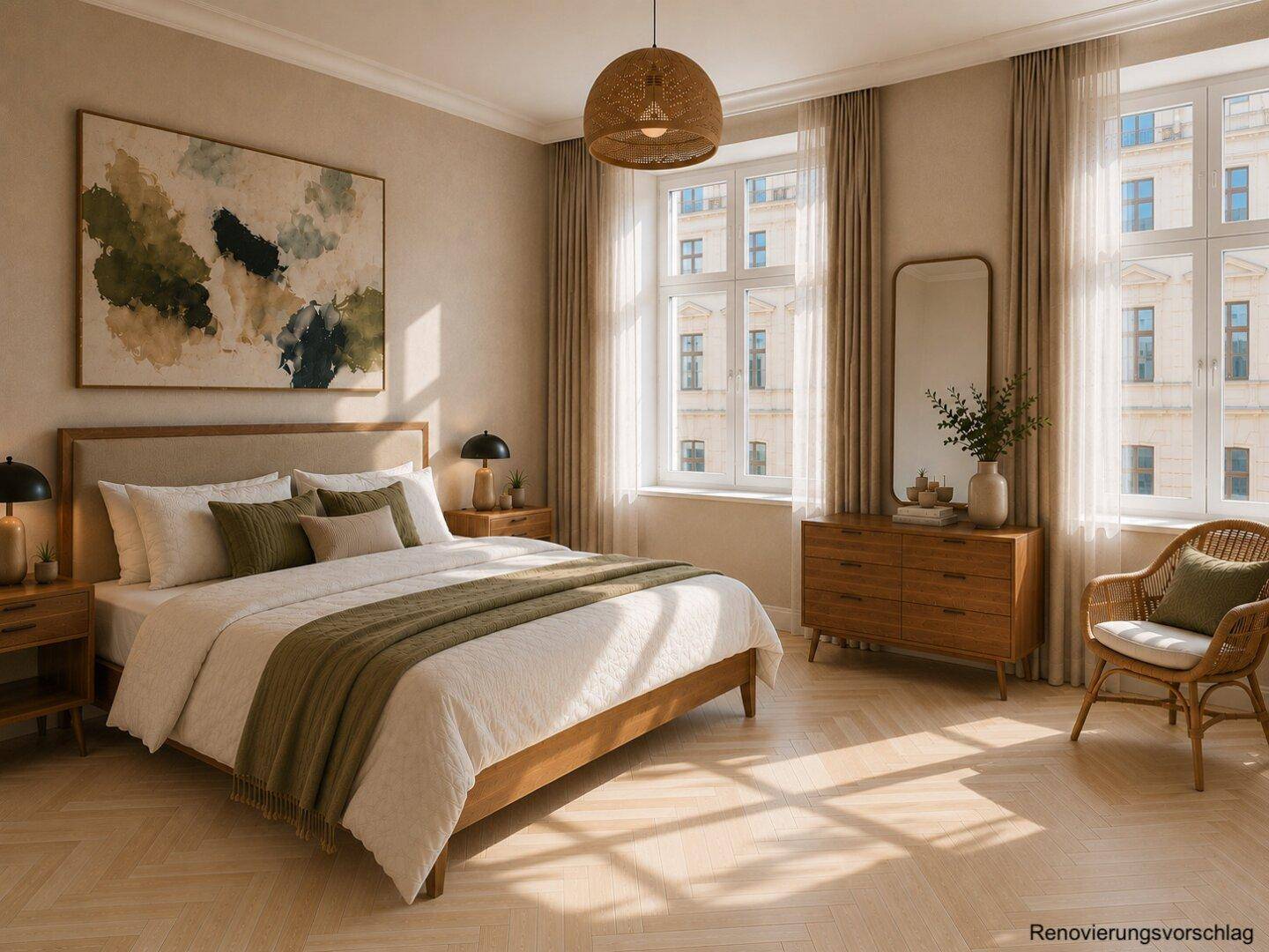 Geräumiges Schlafzimmer mit großen Fenstern, Holzboden und stilvoller Einrichtung.