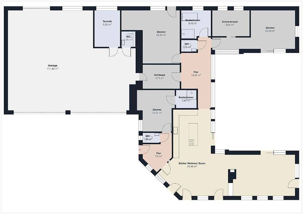 Detaillierter Grundriss des Hauses mit offener Wohnküche, mehreren Zimmern, Bädern und großer Garage.
