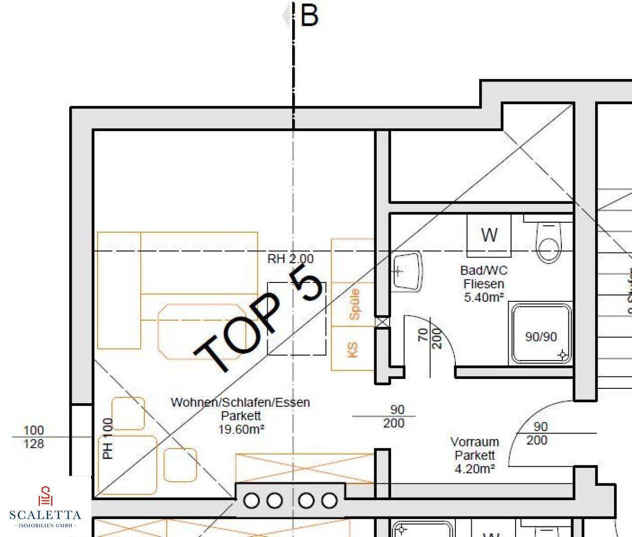 Grundriss der Wohnung "TOP 5" mit kombiniertem Wohn-, Schlaf- und Essbereich sowie Bad und Vorraum.