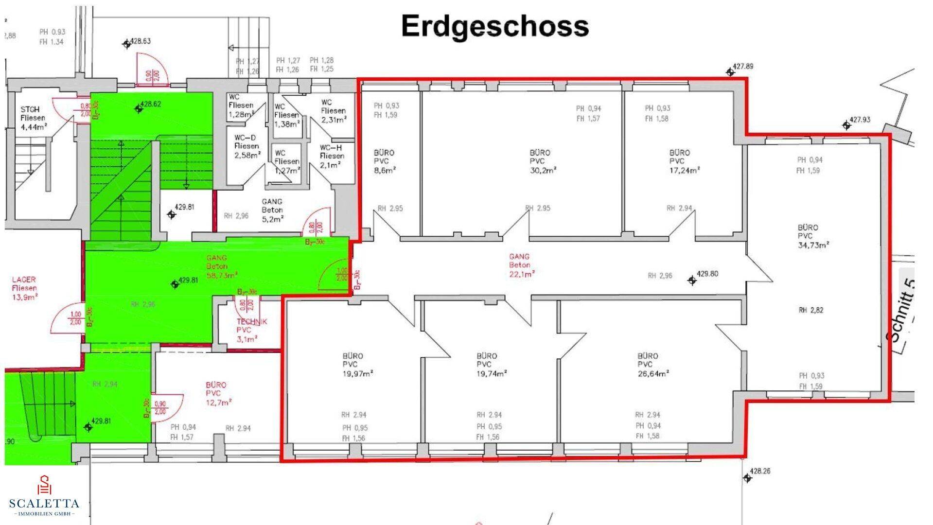 Grundriss des Erdgeschosses mit mehreren Büroräumen, Lagerflächen und Sanitärbereichen.