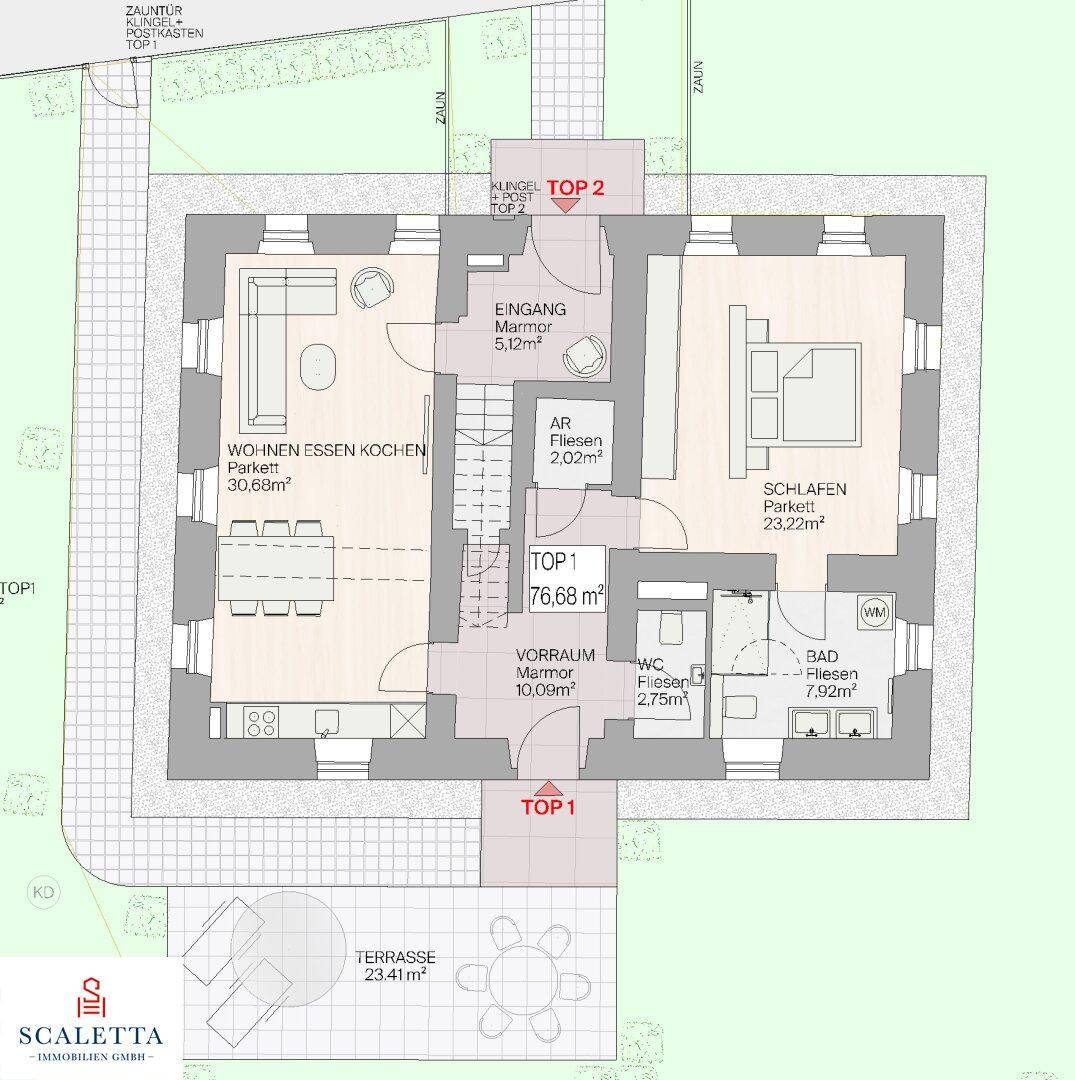 Grundriss mit offenem Wohn-Ess-Kochbereich, Schlafzimmer und Terrasse.