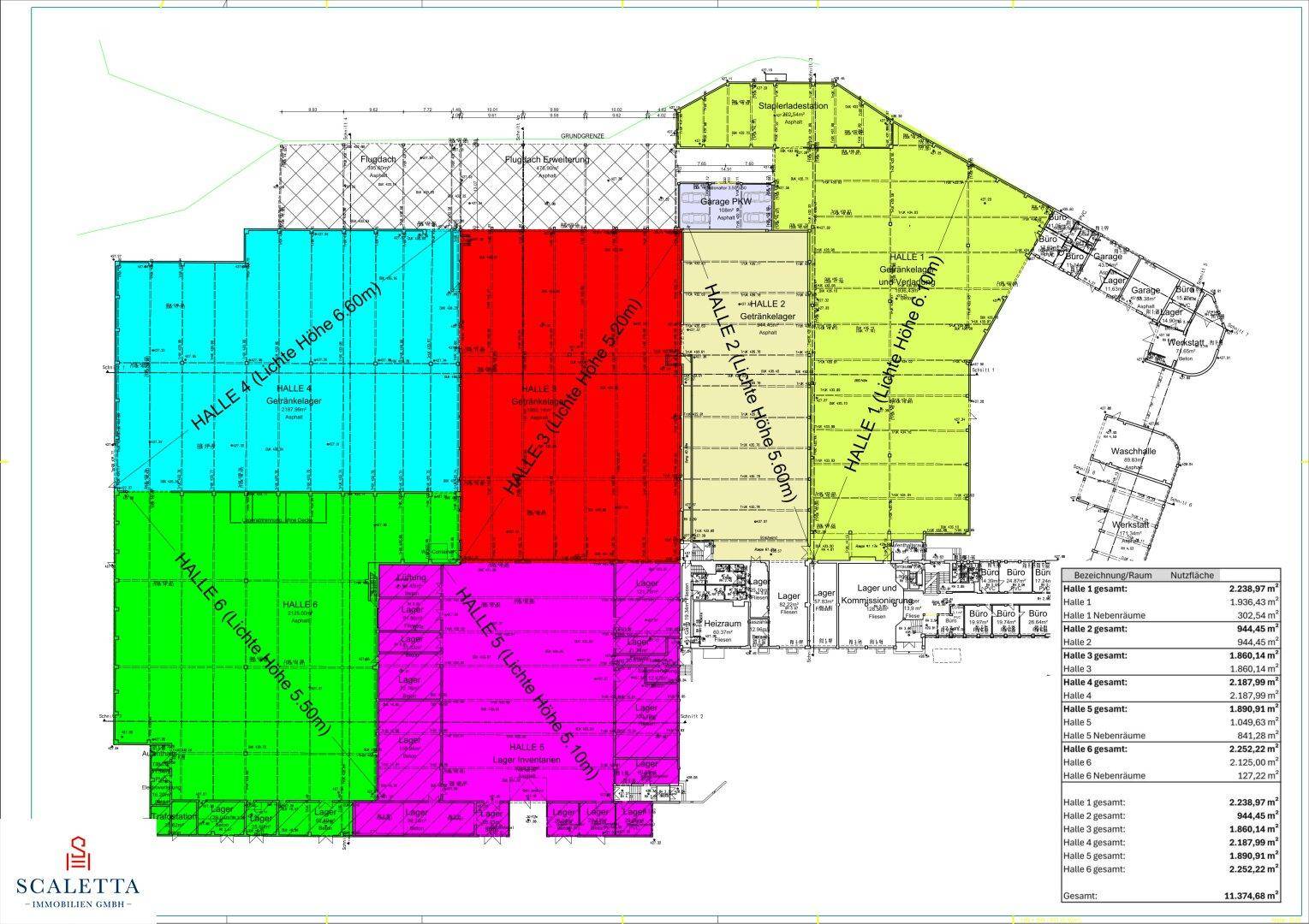 Detaillierter Grundriss des Industriekomplexes mit farblich markierten Hallenbereichen und Flächenangaben.