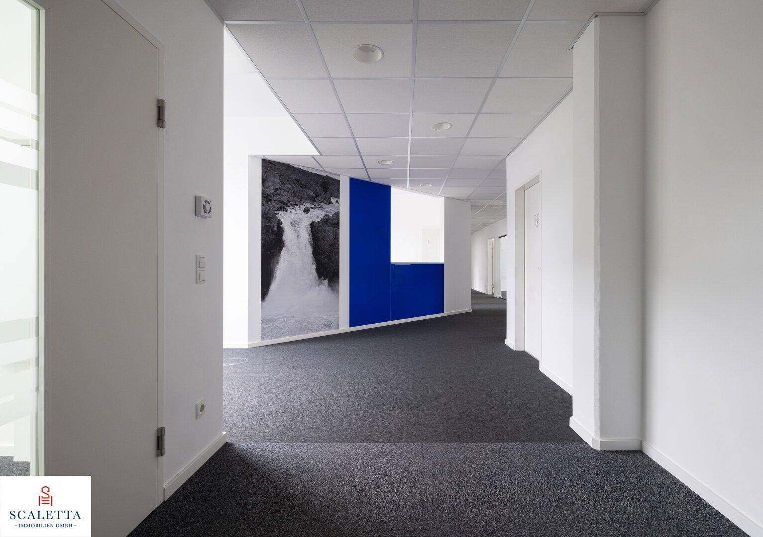 Heller Flur mit Teppichboden, weißen Wänden und einem auffälligen blauen Akzentbereich mit Wandbild.