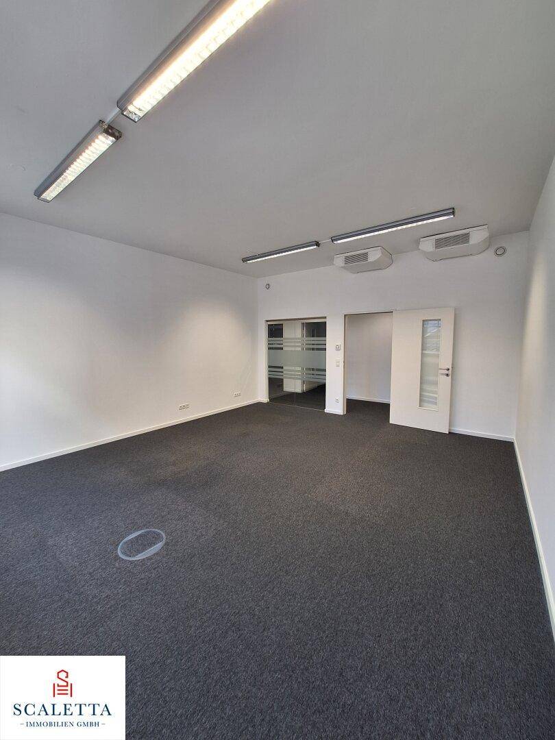 Großes, leeres Büro mit Teppichboden, weißen Wänden und Glasabtrennungen zu angrenzenden Räumen.