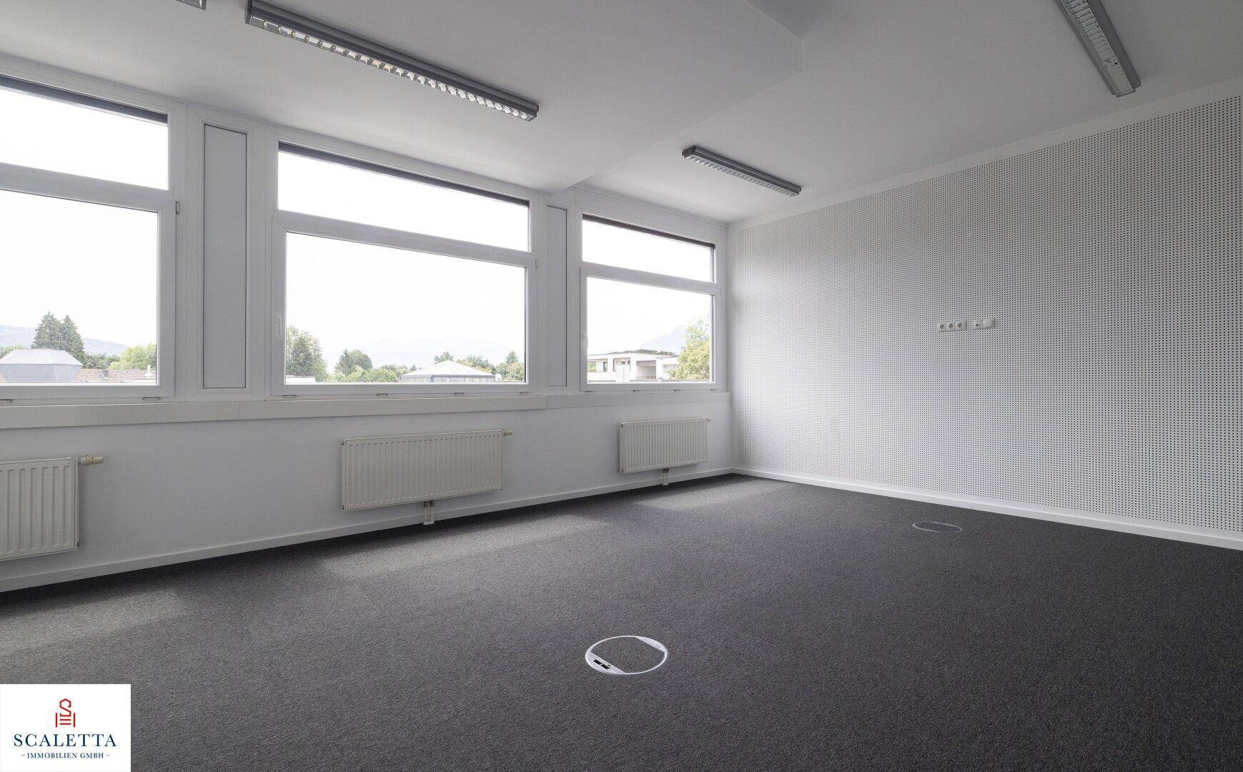 Geräumiges Büro mit Teppichboden, großen Fenstern und einer schallabsorbierenden Wandverkleidung.