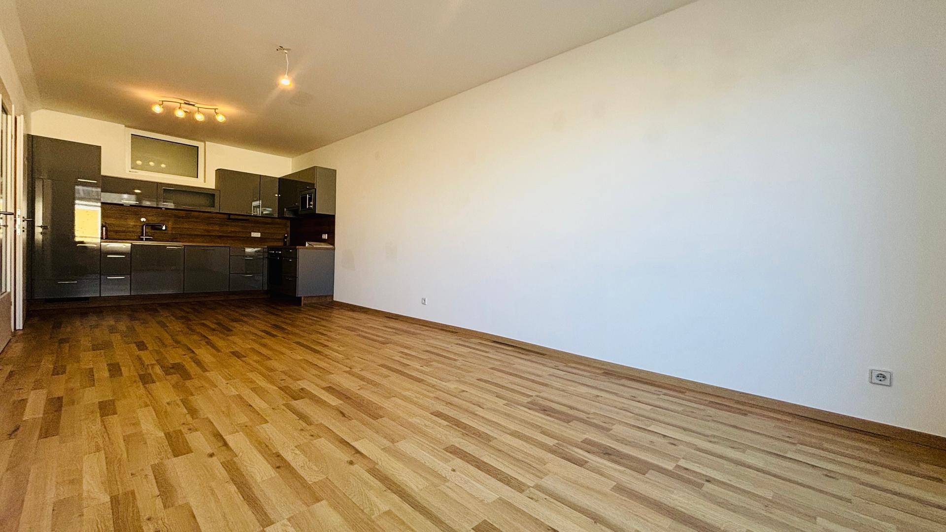 Weitläufiger Wohnbereich mit offener Küche und hellem Parkettboden, bietet viel Platz für individuelle Einrichtungsideen.