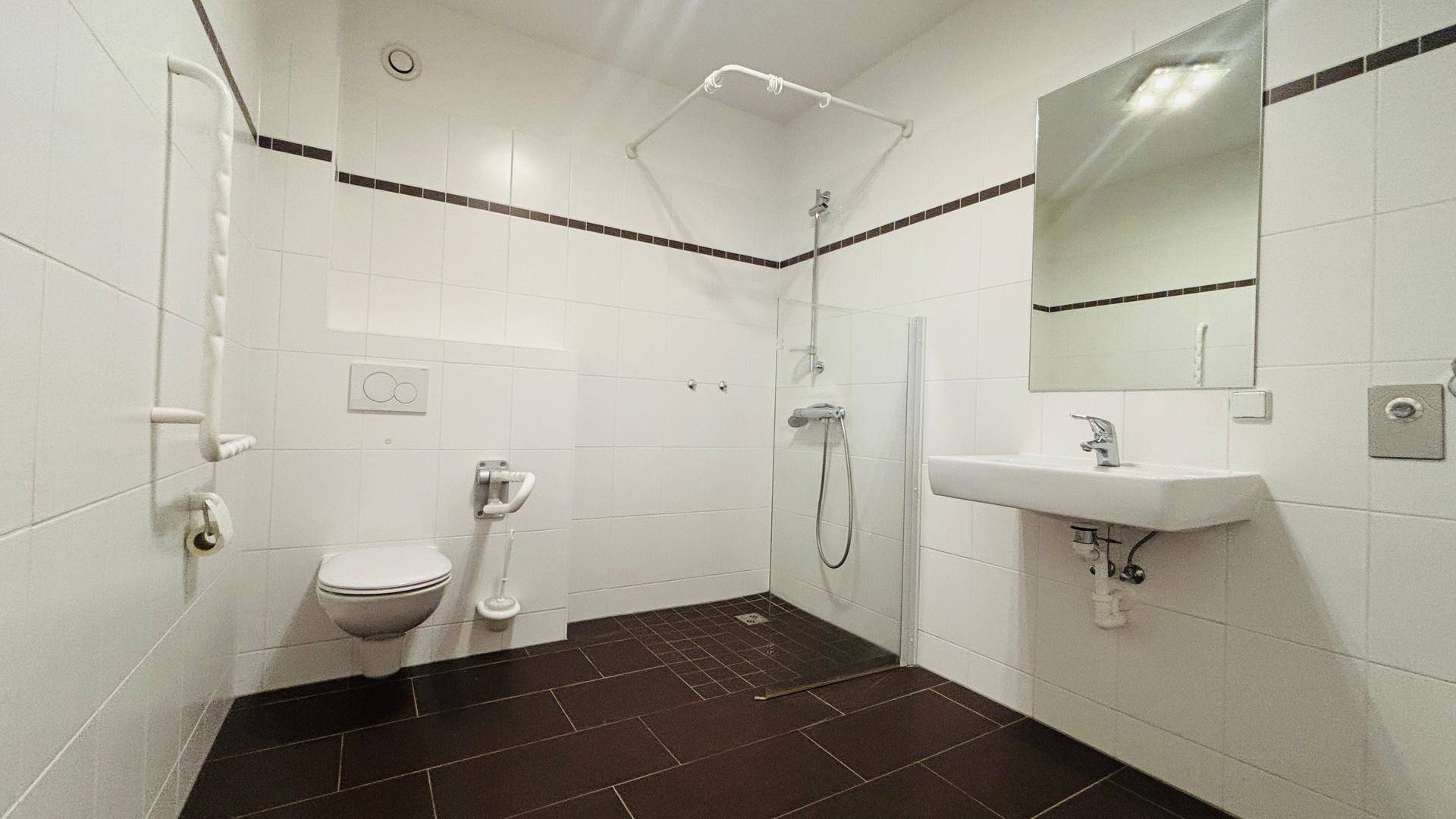 Barrierefreies Badezimmer mit ebenerdiger Dusche, Haltegriffen und modernem Design.