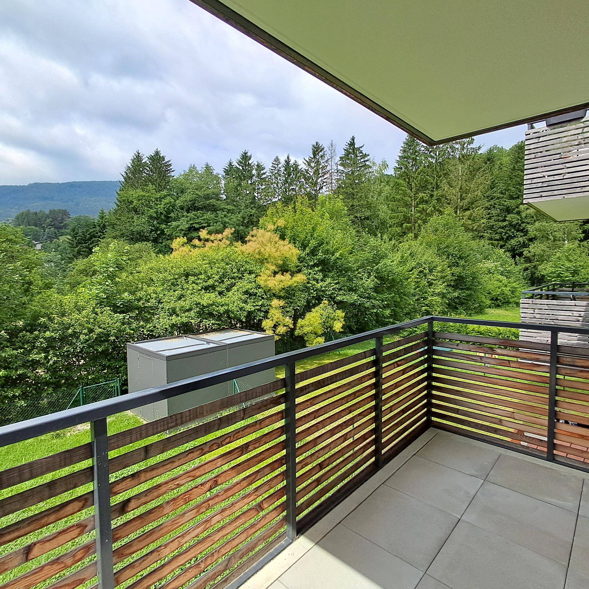 Geräumiger Balkon mit moderner Holzverkleidung und Blick auf die bewaldete Umgebung.