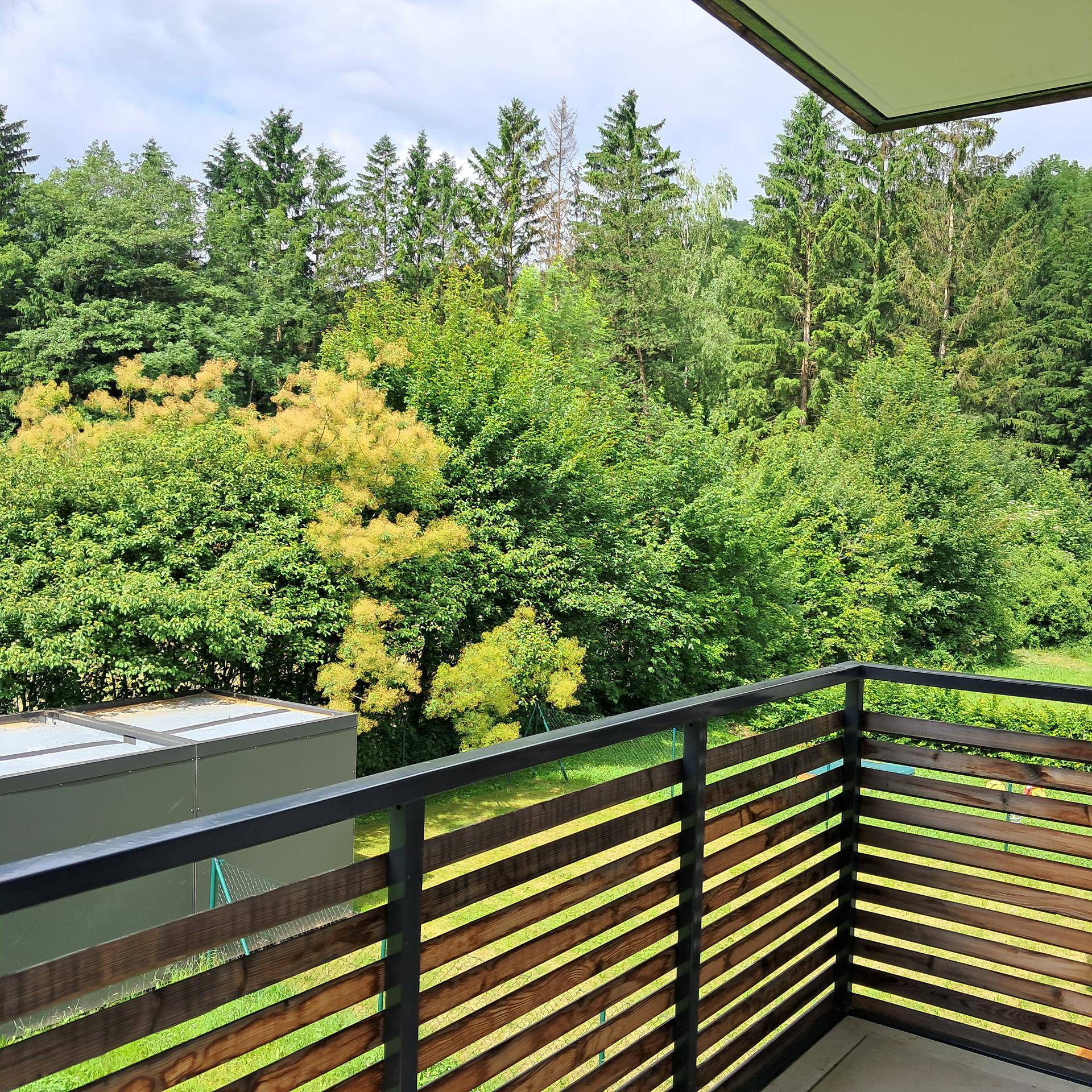 Balkon mit Blick auf dichte Wälder und grüne Natur, ideal zum Entspannen.