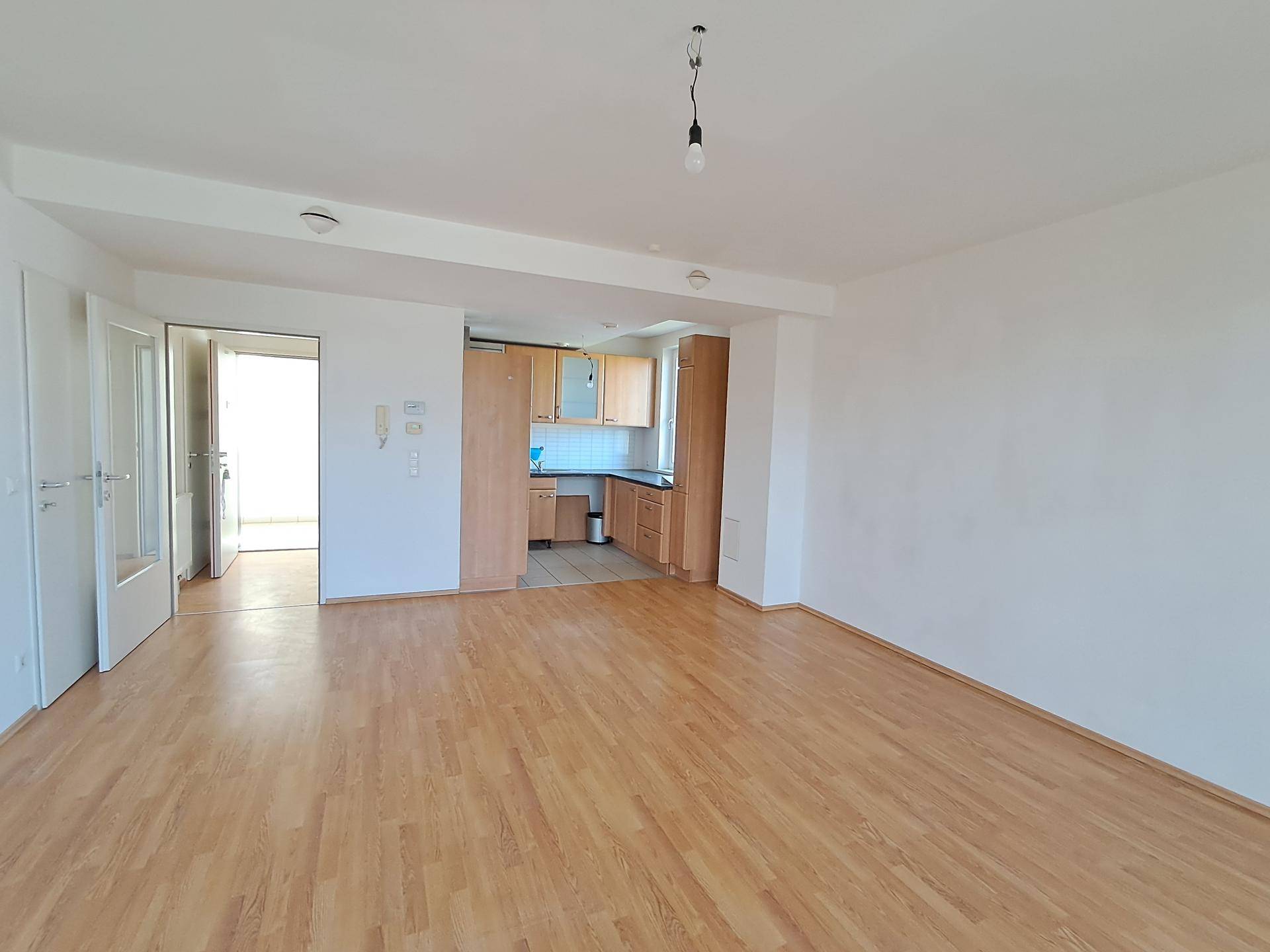 Offener Wohnbereich mit integrierter Küchenzeile und Laminatboden, ideal für modernes Wohnen.