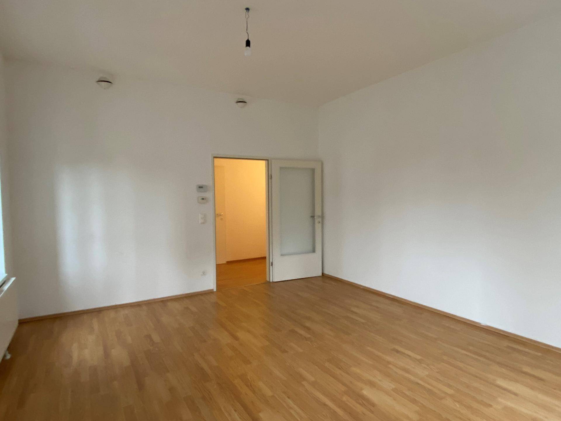 Geräumiges, leeres Zimmer mit Laminatboden und einer Tür mit Glaseinsatz.