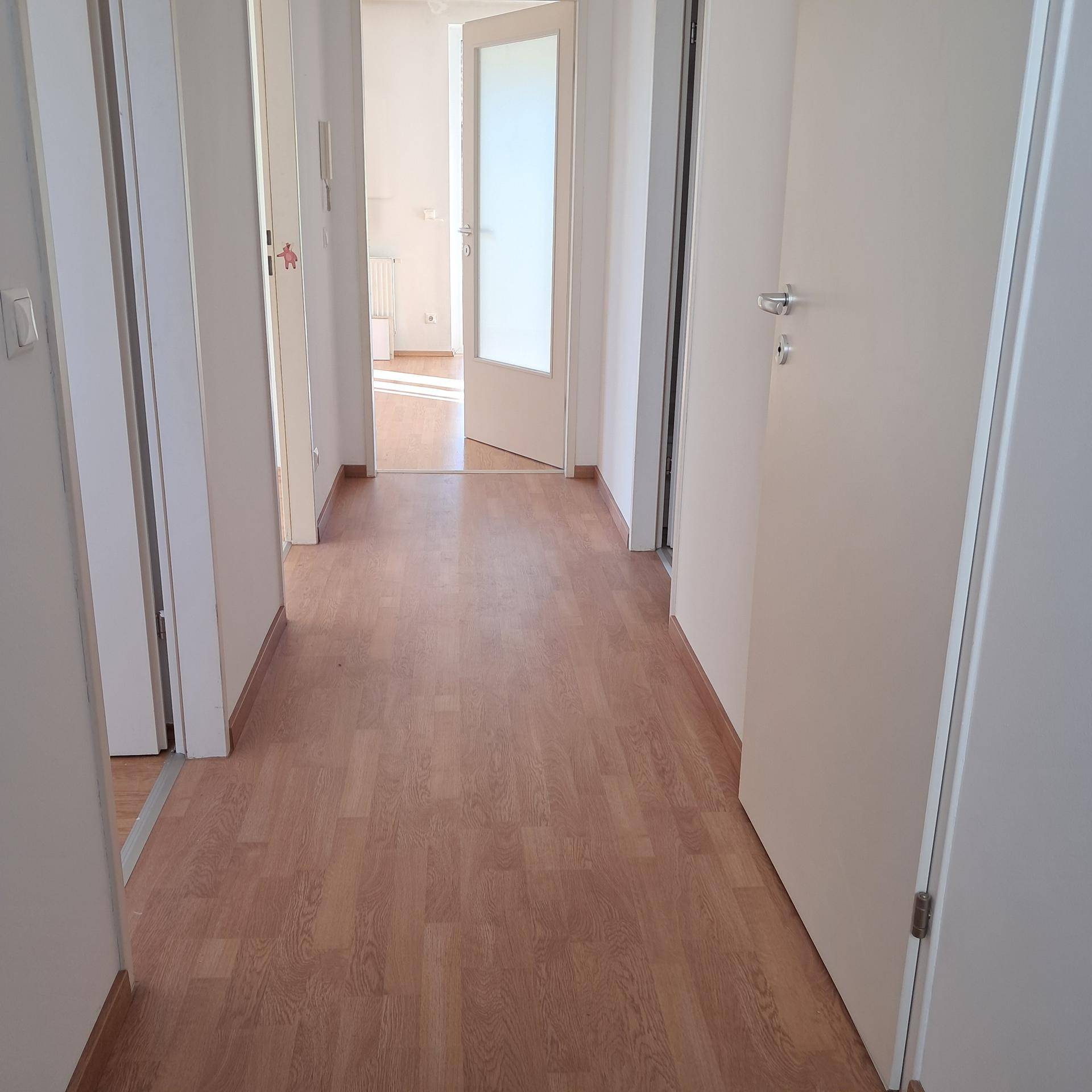 Heller Flur mit Laminatboden und weißen Türen, der zu weiteren Räumen führt.