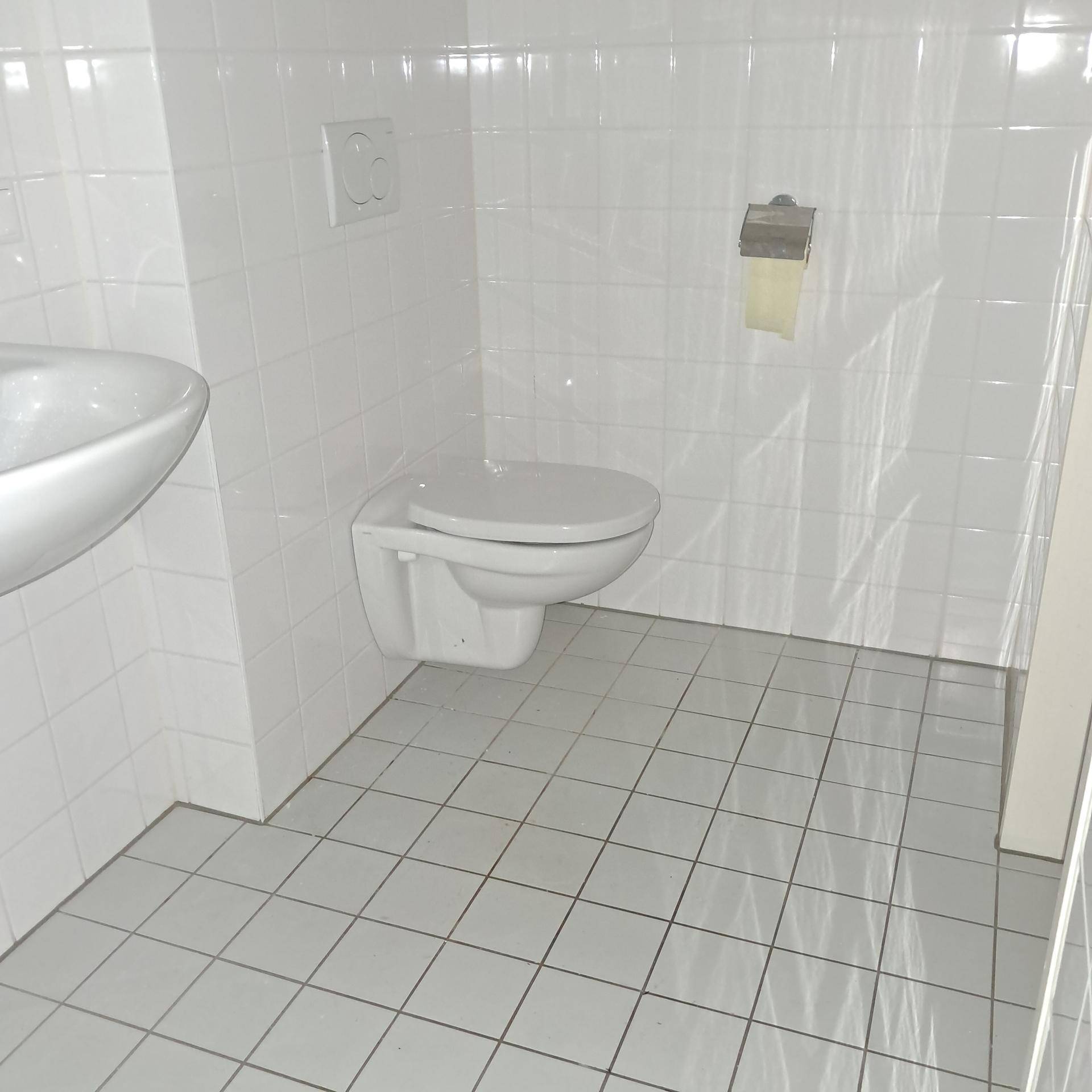 Helles WC mit weißen Fliesen, wandhängender Toilette und kleinem Waschbecken.