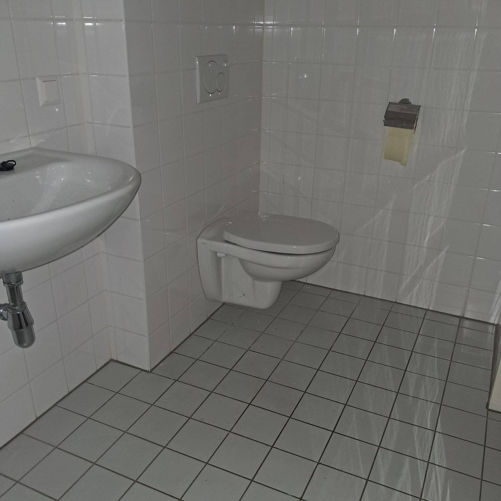 Sauberer Toilettenraum mit weißen Wand- und Bodenfliesen sowie einem wandhängenden WC.