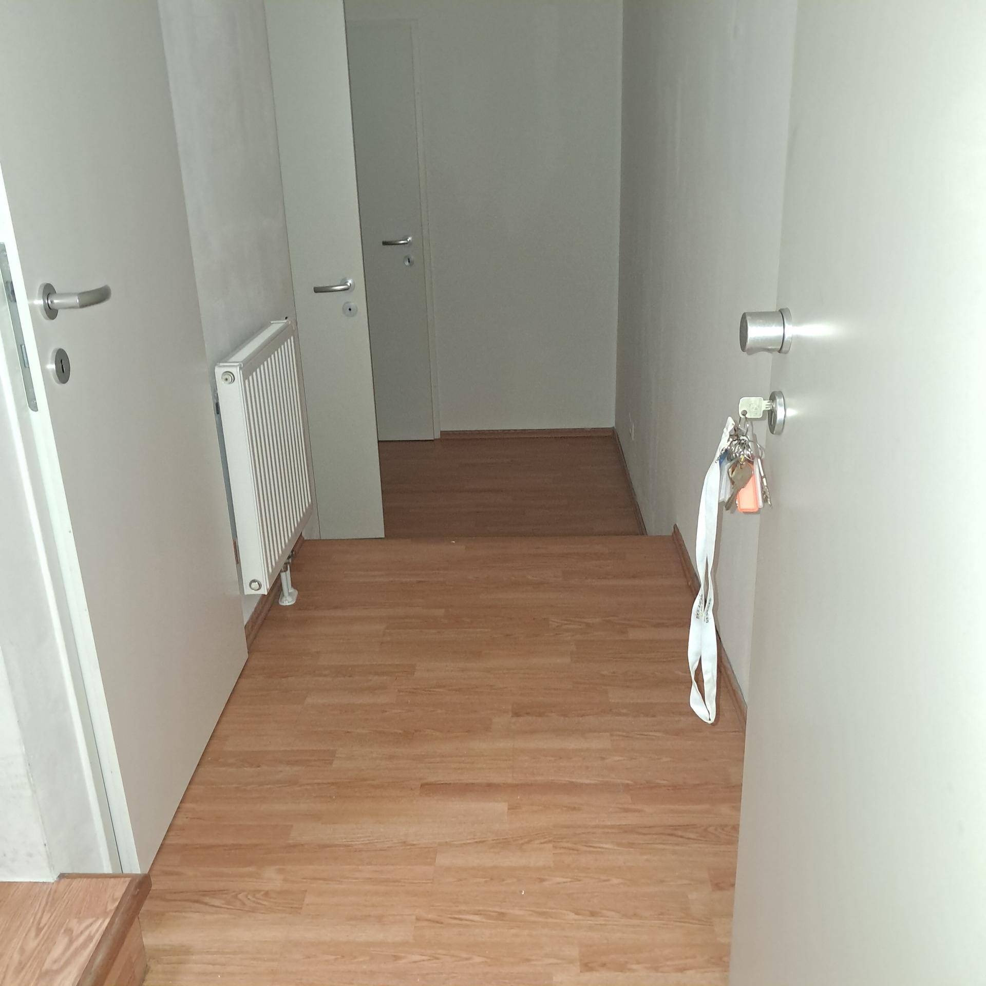 Heller Flur mit Laminatboden und einem Heizkörper, der zu weiteren Räumen führt.