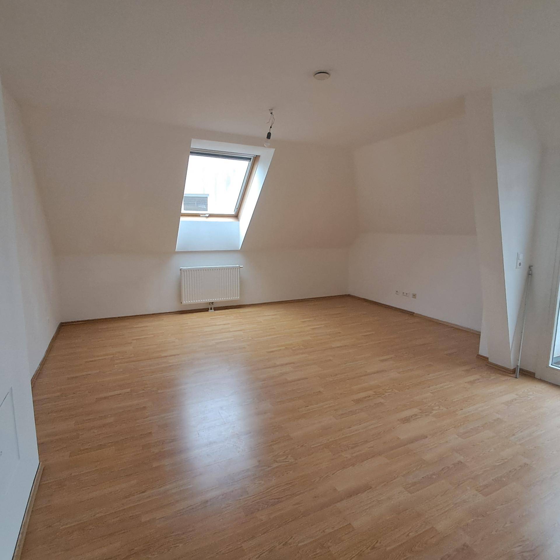 Großzügiges Wohnzimmer mit hellem Laminatboden und einem Dachfenster, das viel Licht spendet.