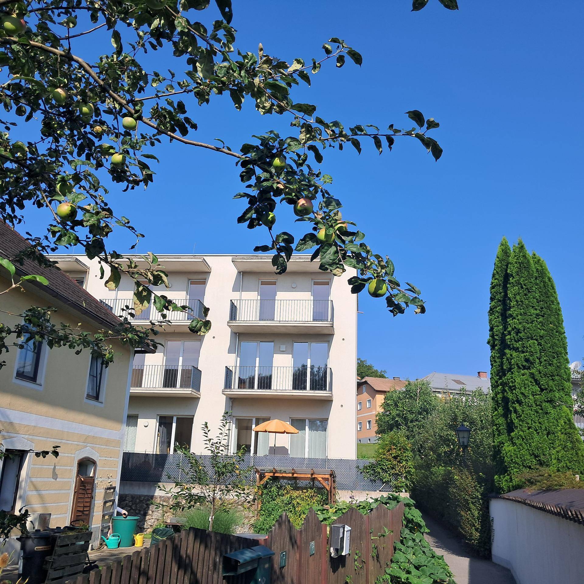 Modernes Wohngebäude mit Balkonen, umgeben von Bäumen und einem kleinen Gartenbereich.