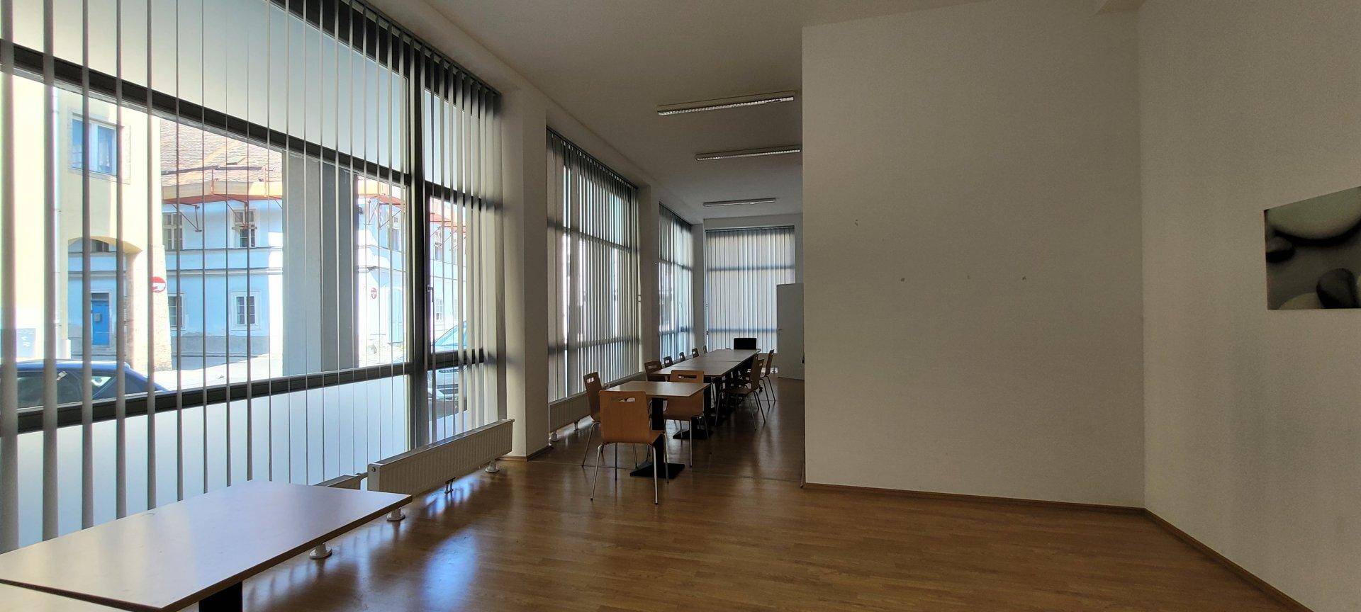 Großer, heller Raum mit vielen Fenstern, Holzfußboden und vertikalen Jalousien.