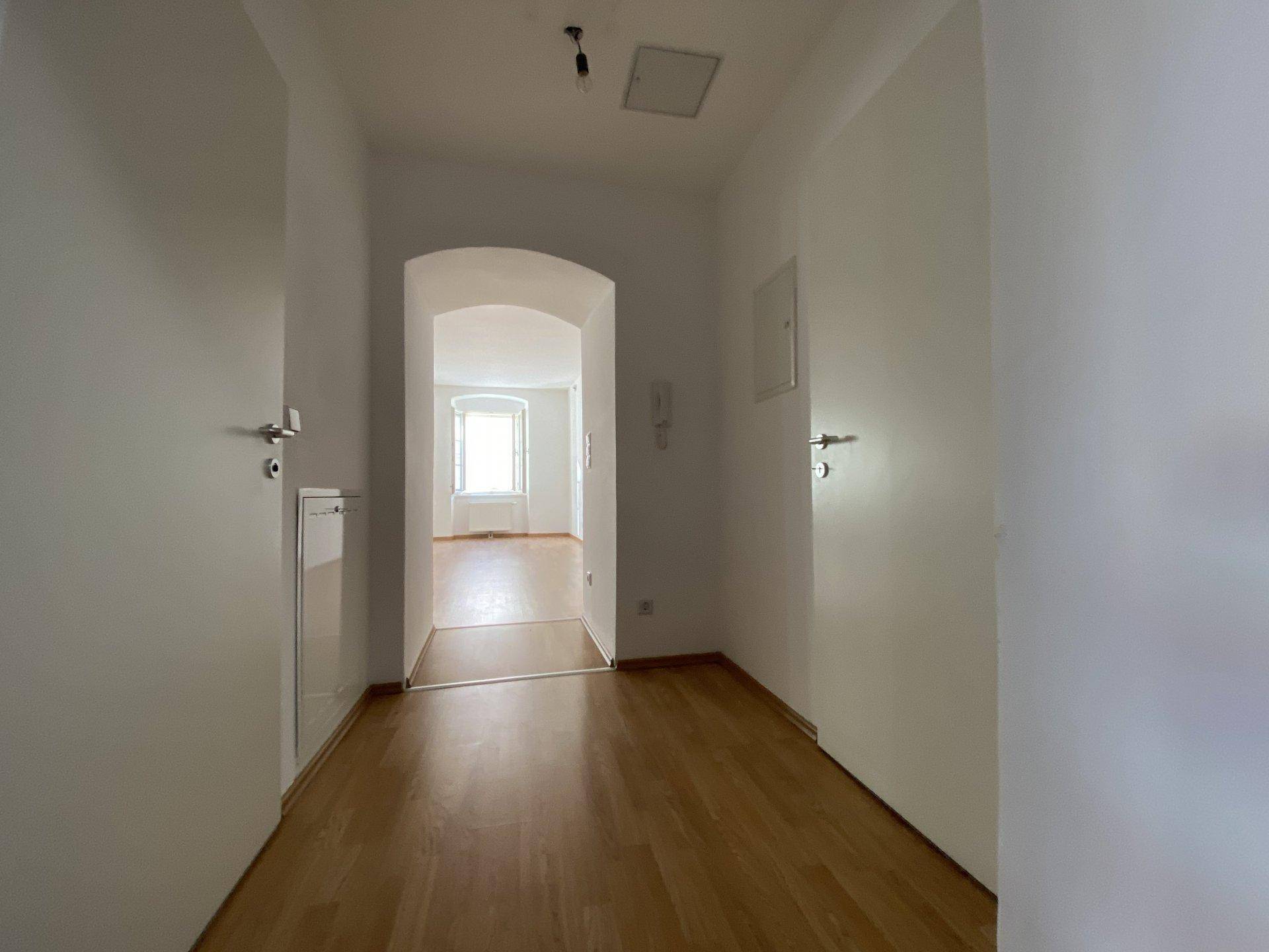 Heller Flur mit Holzfußboden und einem Durchgang zu einem weiteren Raum.