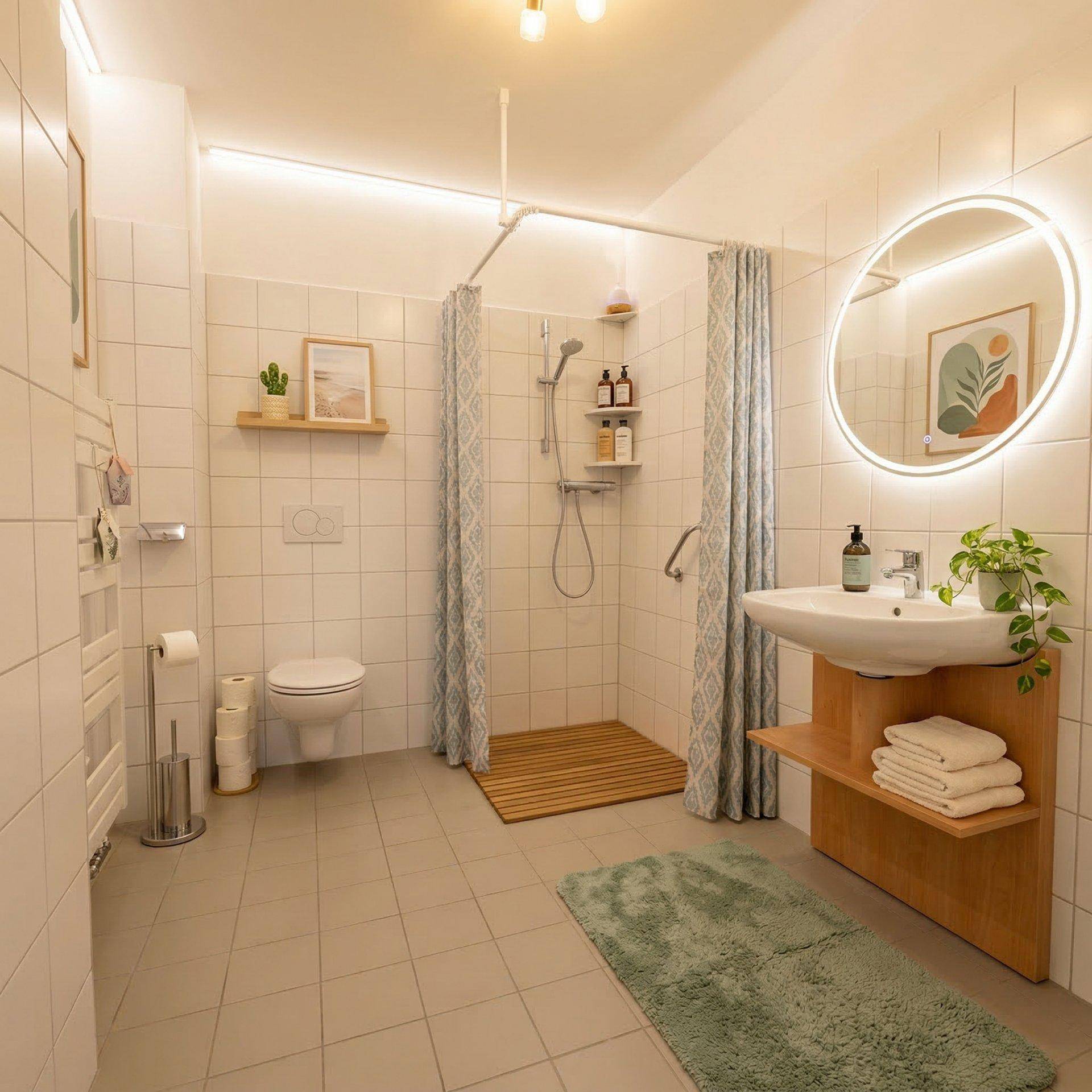 Modernes Badezimmer mit großer Dusche, beleuchtetem Spiegel und hellen Fliesen.